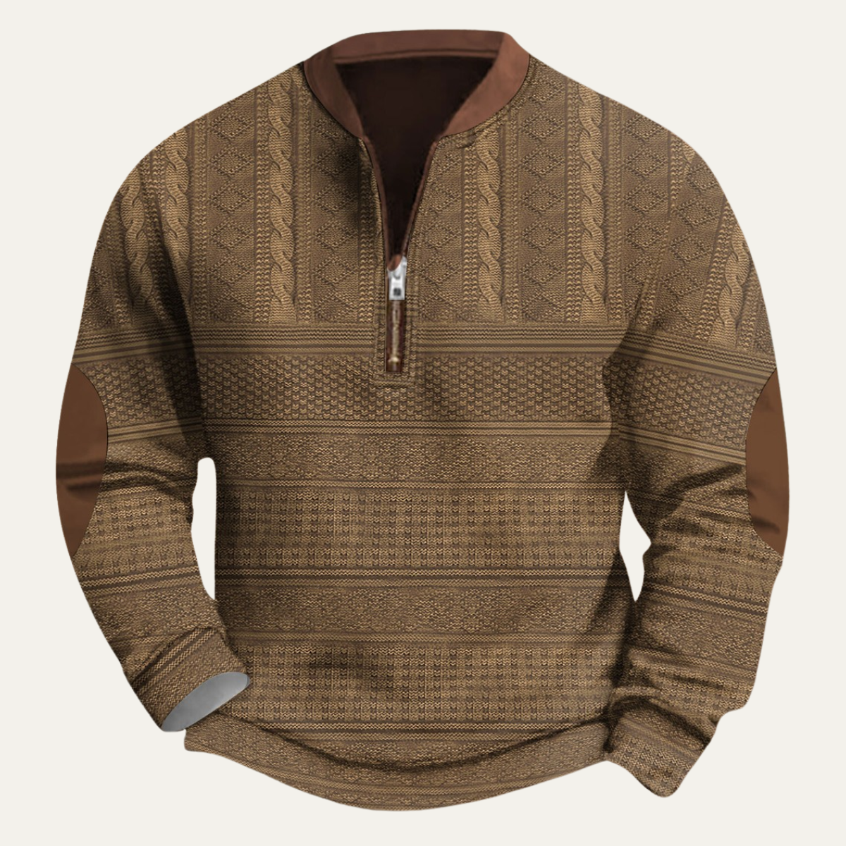 Men's textured patterned half-zip sweater with elbow patches and ribbed trims
