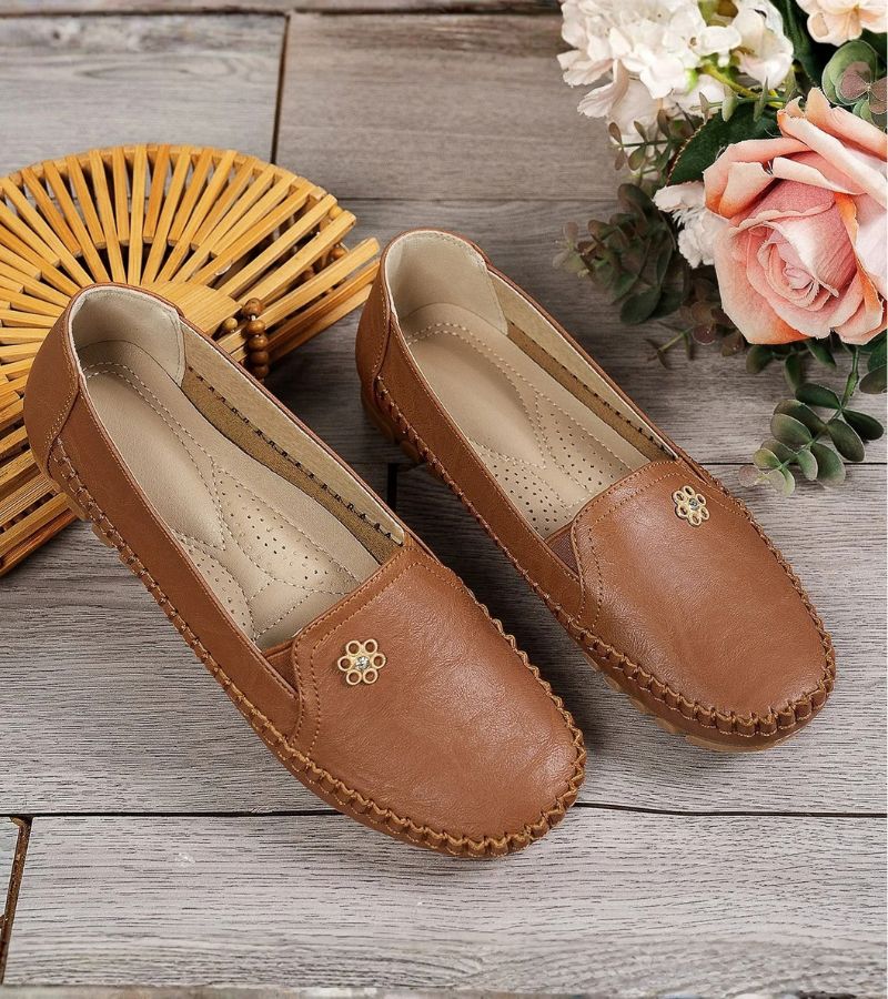 Women's plain square-toe moccasin loafers with decorative front trim and stitched edging
