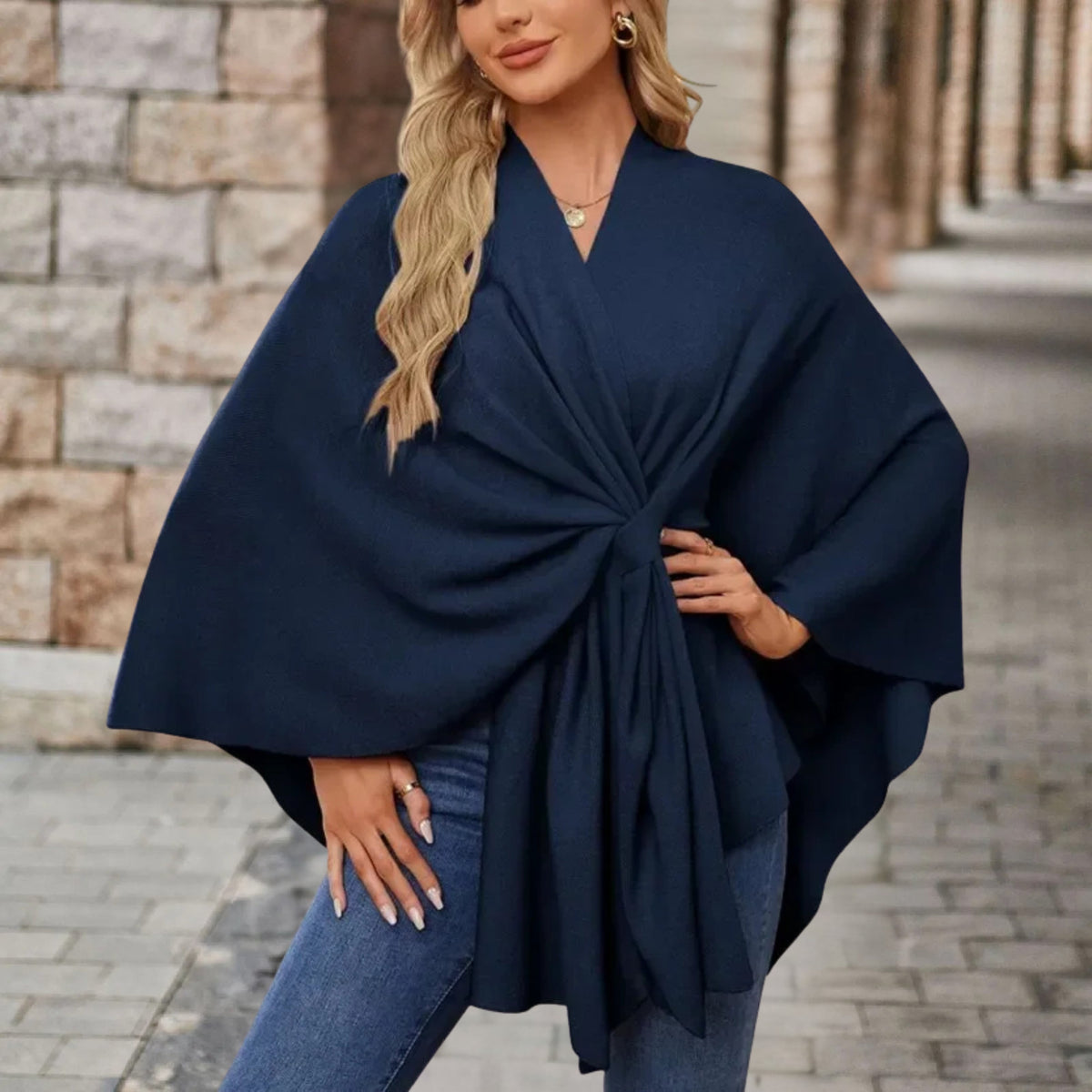 Women's batwing draped cape coat with tie waist and V-neckline