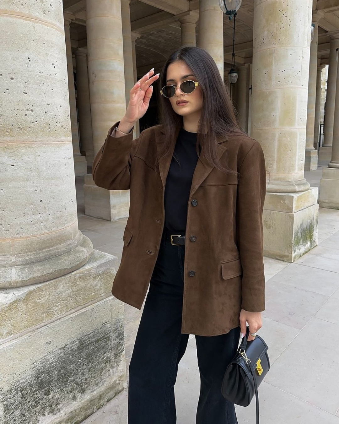 Women's brown textured blazer with notched lapels and button front