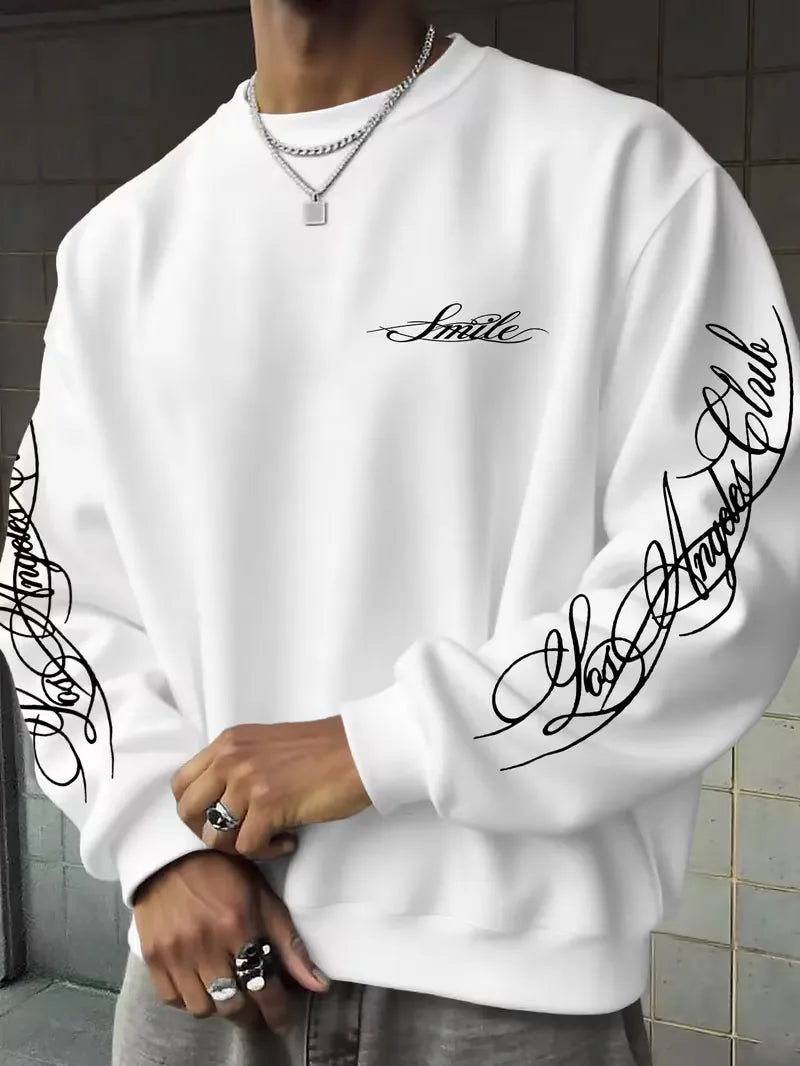 Men's crew-neck sweatshirt with white script graphics on the chest and sleeves