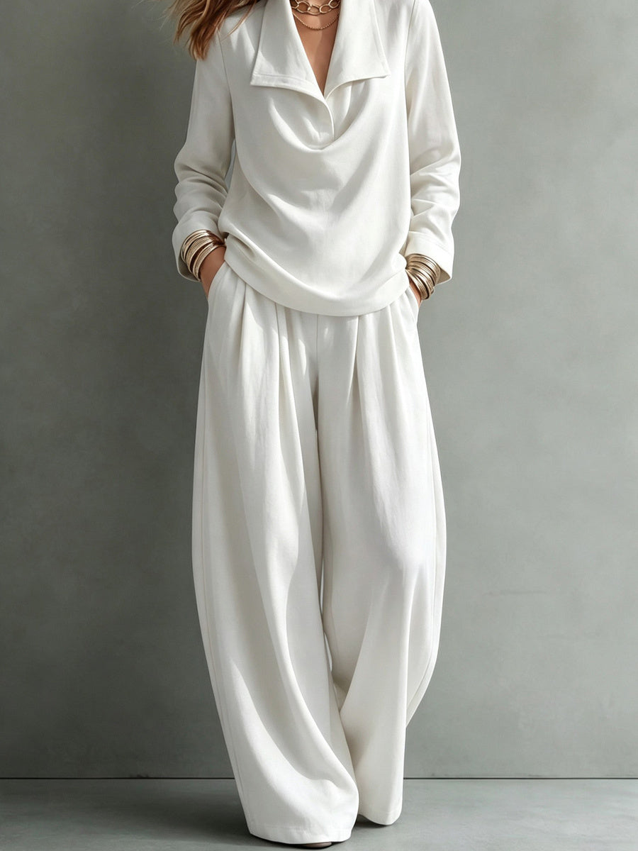 Women's lapel two-piece outfit with long-sleeve top and wide-leg trousers