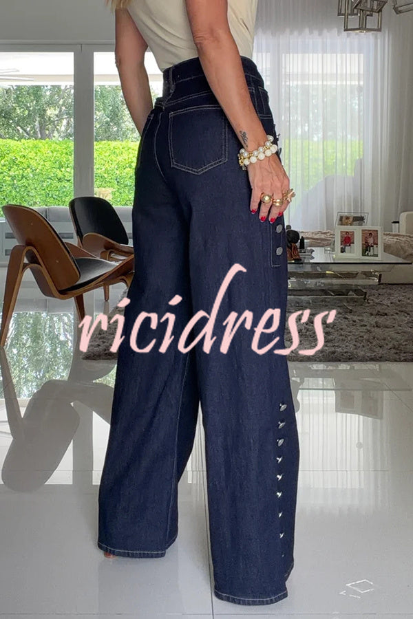 Women's navy high-rise wide leg jeans with silver stud details