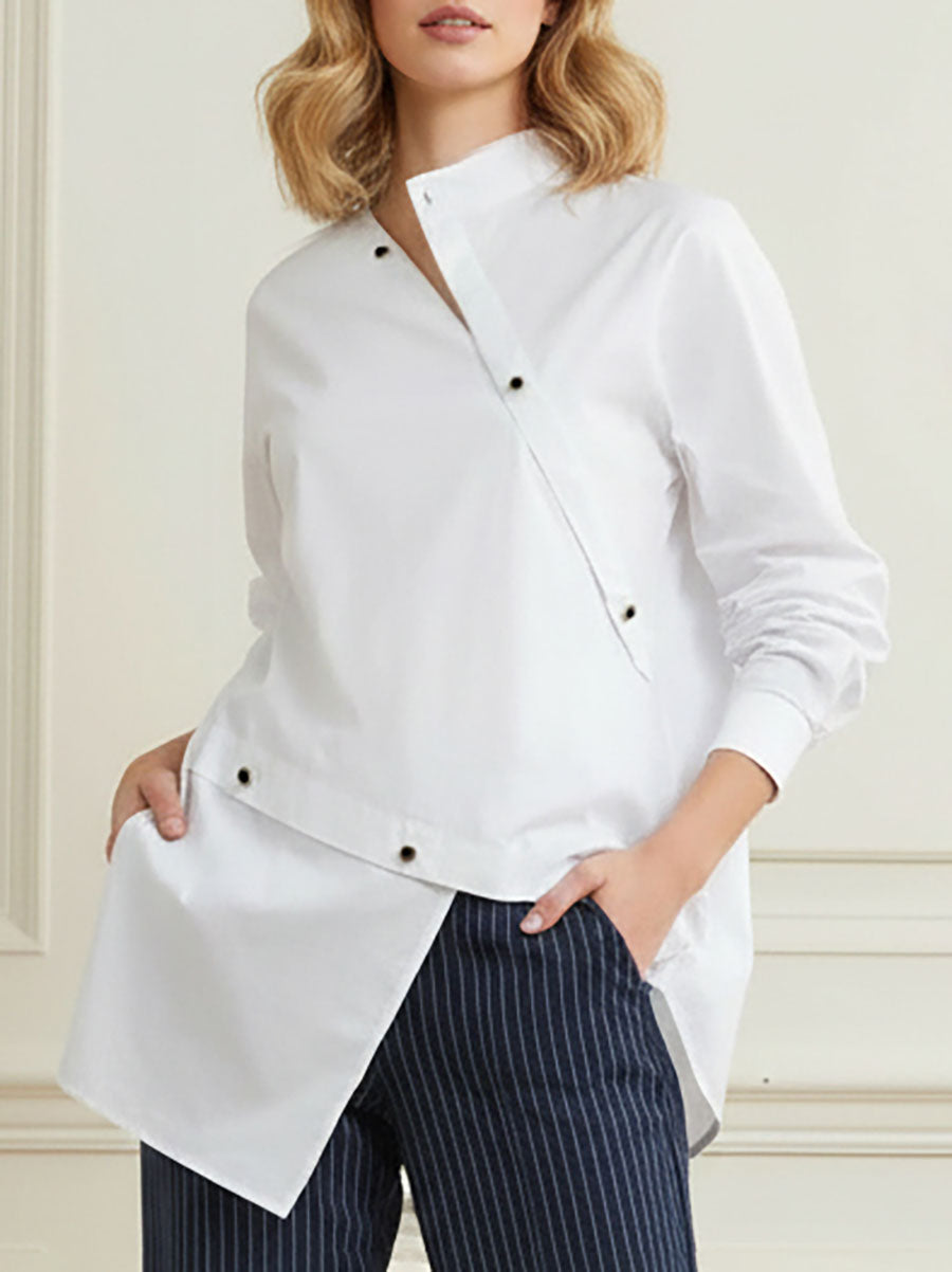 Women's white asymmetric blouse with stand collar and long sleeves