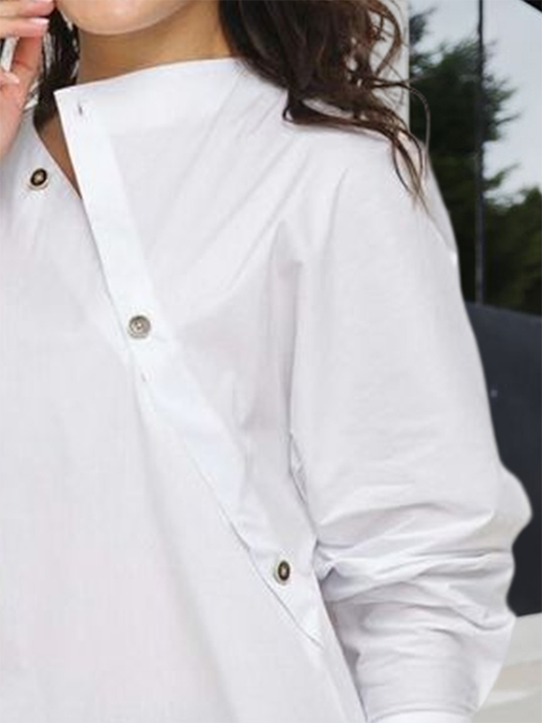 Women's white asymmetric blouse with stand collar and long sleeves