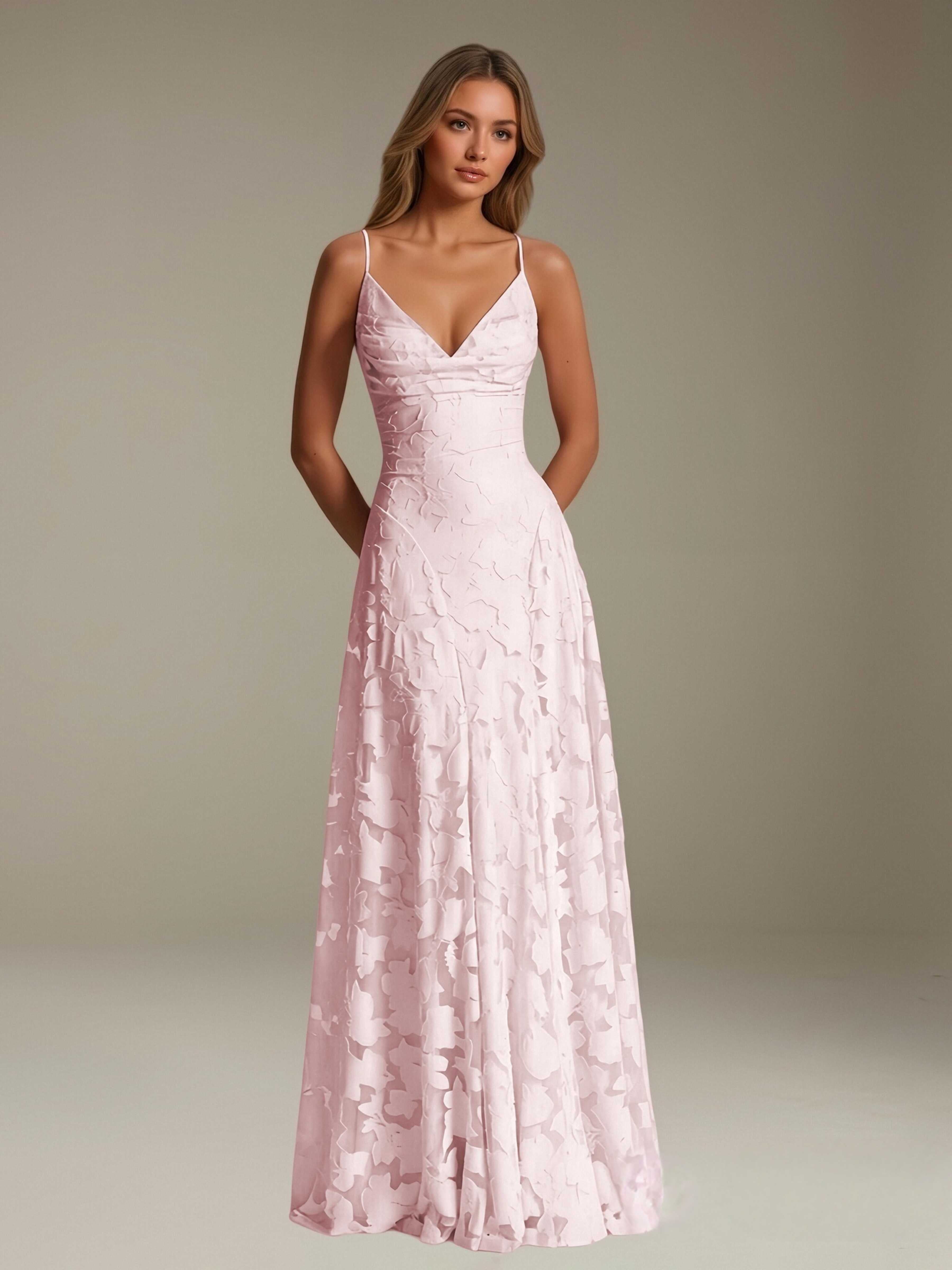 Women’s Floral Lace A-Line Maxi Dress | V-Neck Spaghetti Strap Occasion Gown