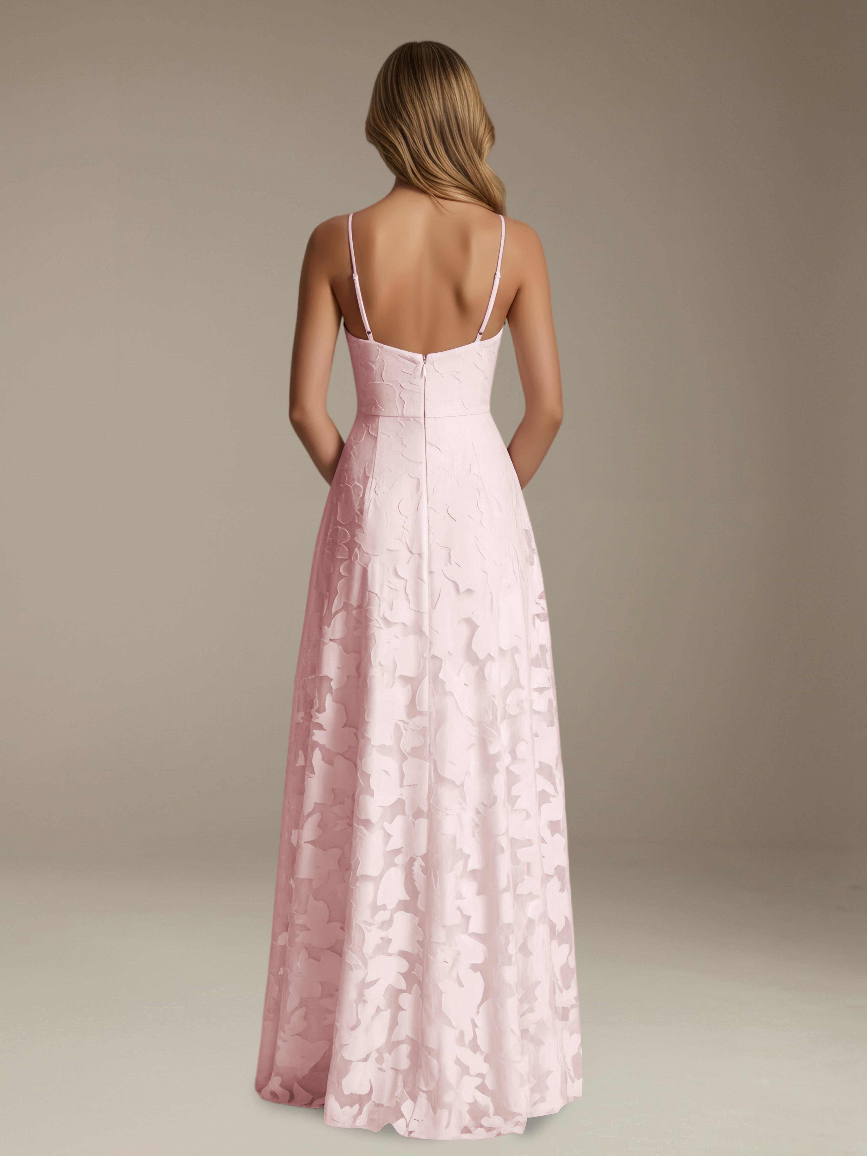 Women’s Floral Lace A-Line Maxi Dress | V-Neck Spaghetti Strap Occasion Gown