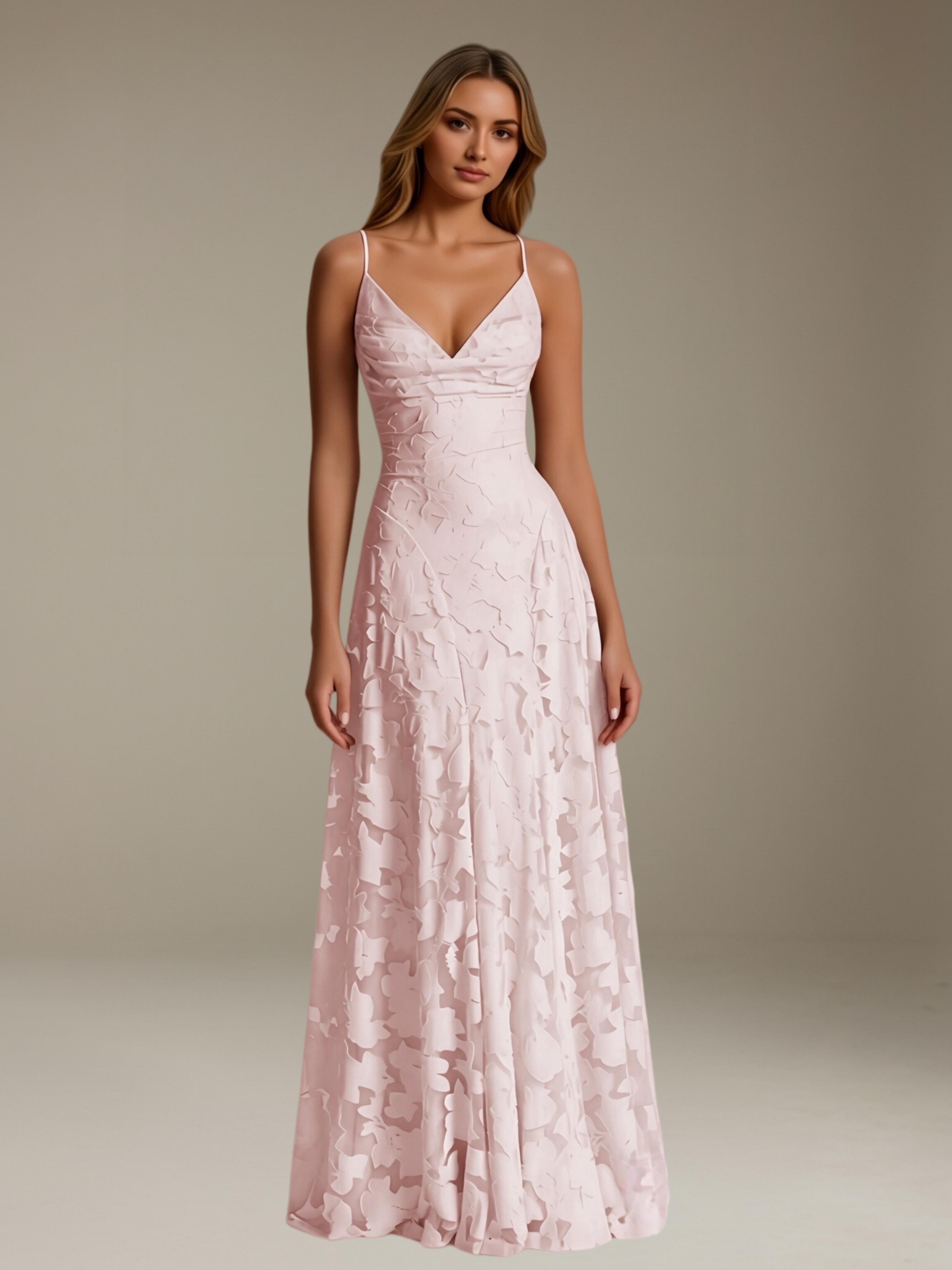 Women’s Floral Lace A-Line Maxi Dress | V-Neck Spaghetti Strap Occasion Gown