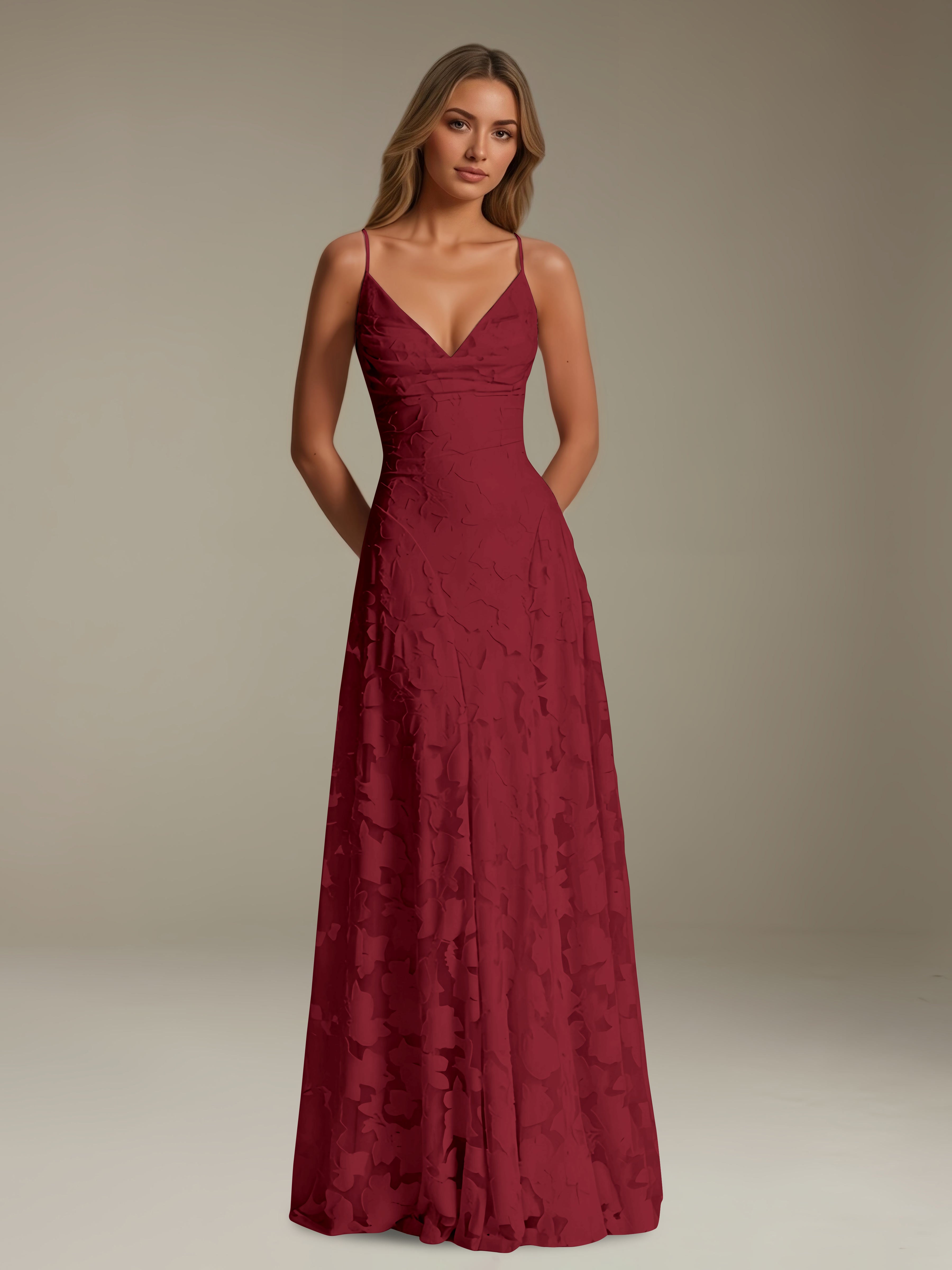 Women’s Floral Lace A-Line Maxi Dress | V-Neck Spaghetti Strap Occasion Gown