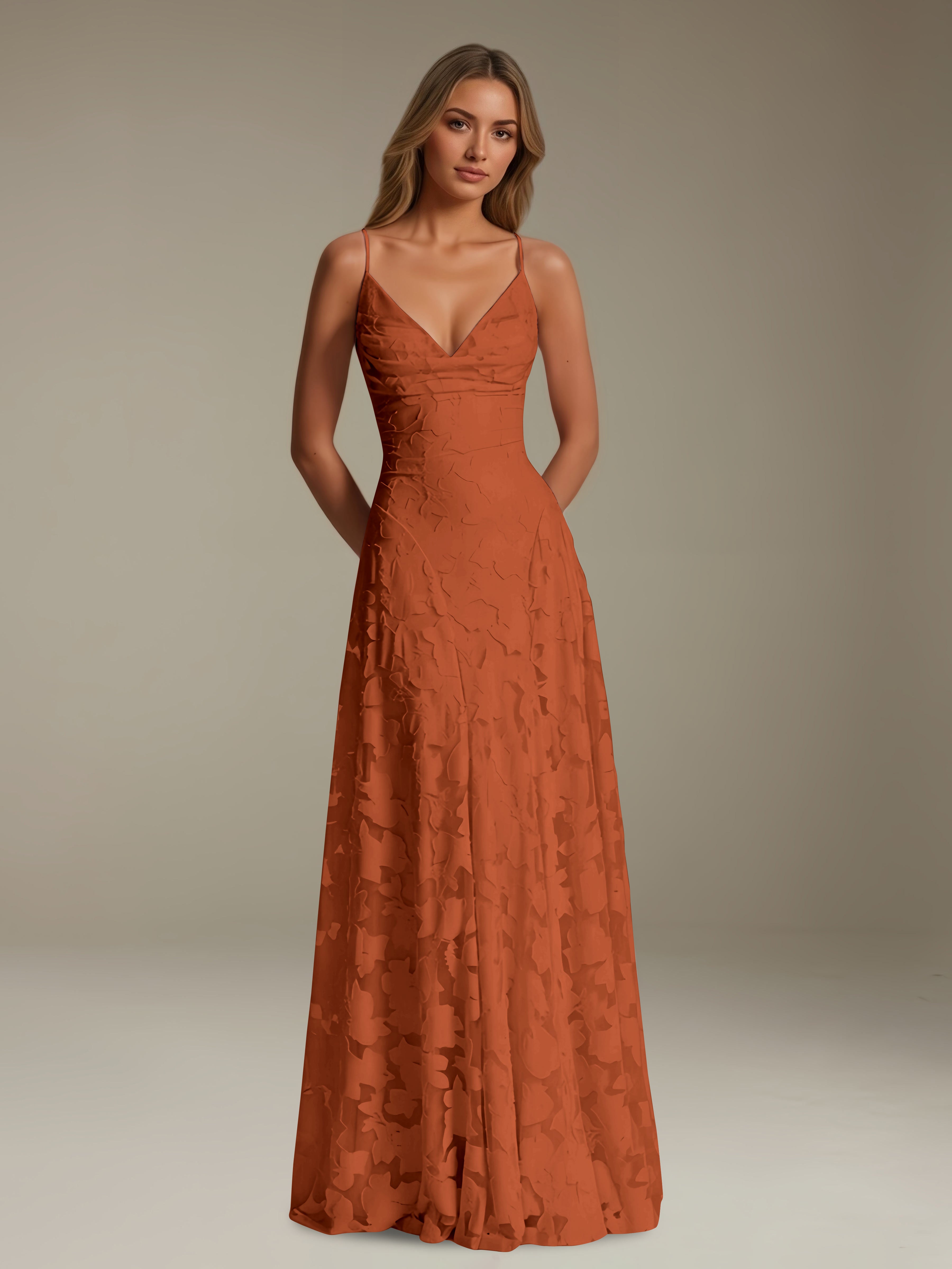 Women’s Floral Lace A-Line Maxi Dress | V-Neck Spaghetti Strap Occasion Gown