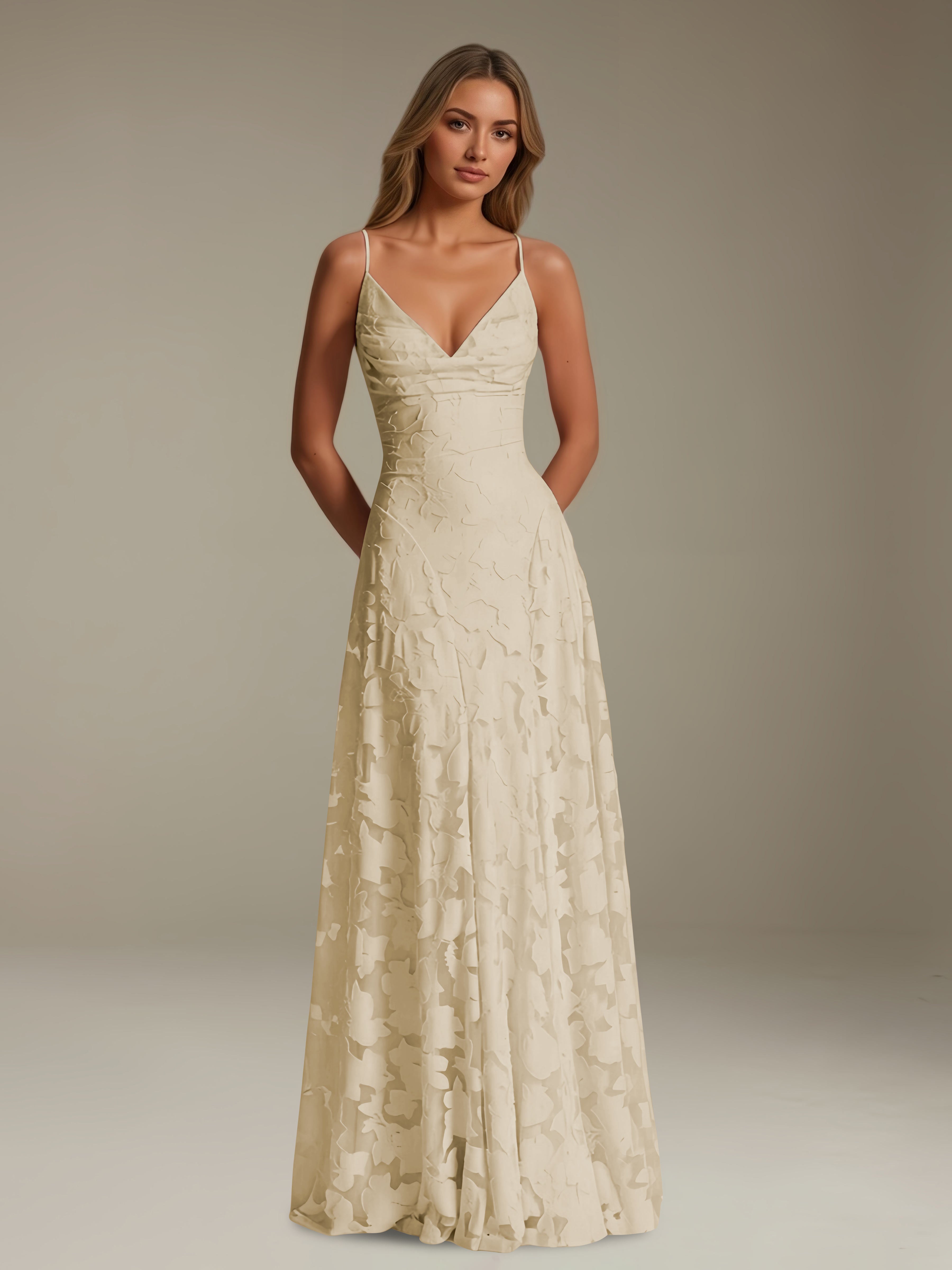 Women’s Floral Lace A-Line Maxi Dress | V-Neck Spaghetti Strap Occasion Gown