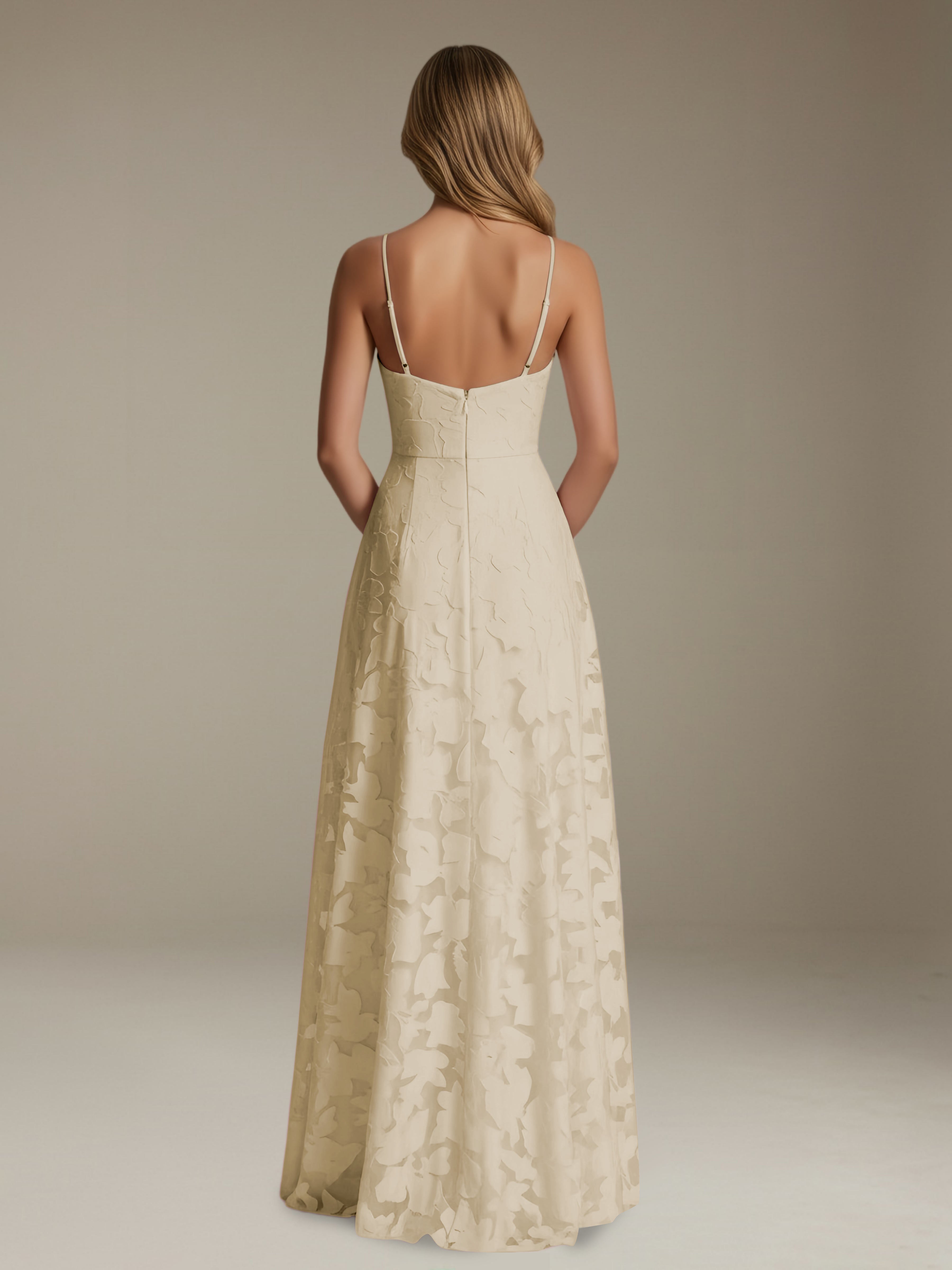 Women’s Floral Lace A-Line Maxi Dress | V-Neck Spaghetti Strap Occasion Gown