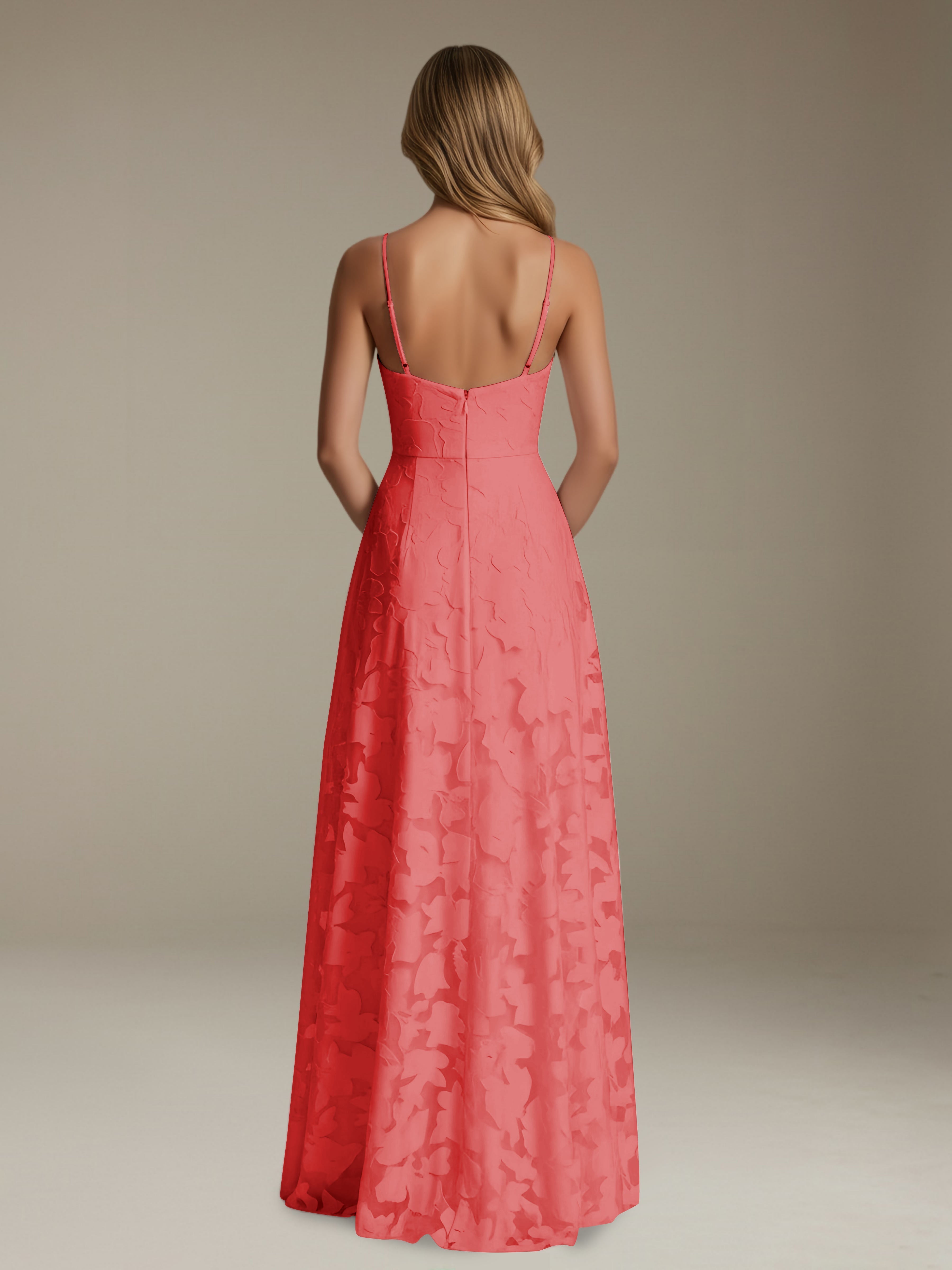 Women’s Floral Lace A-Line Maxi Dress | V-Neck Spaghetti Strap Occasion Gown