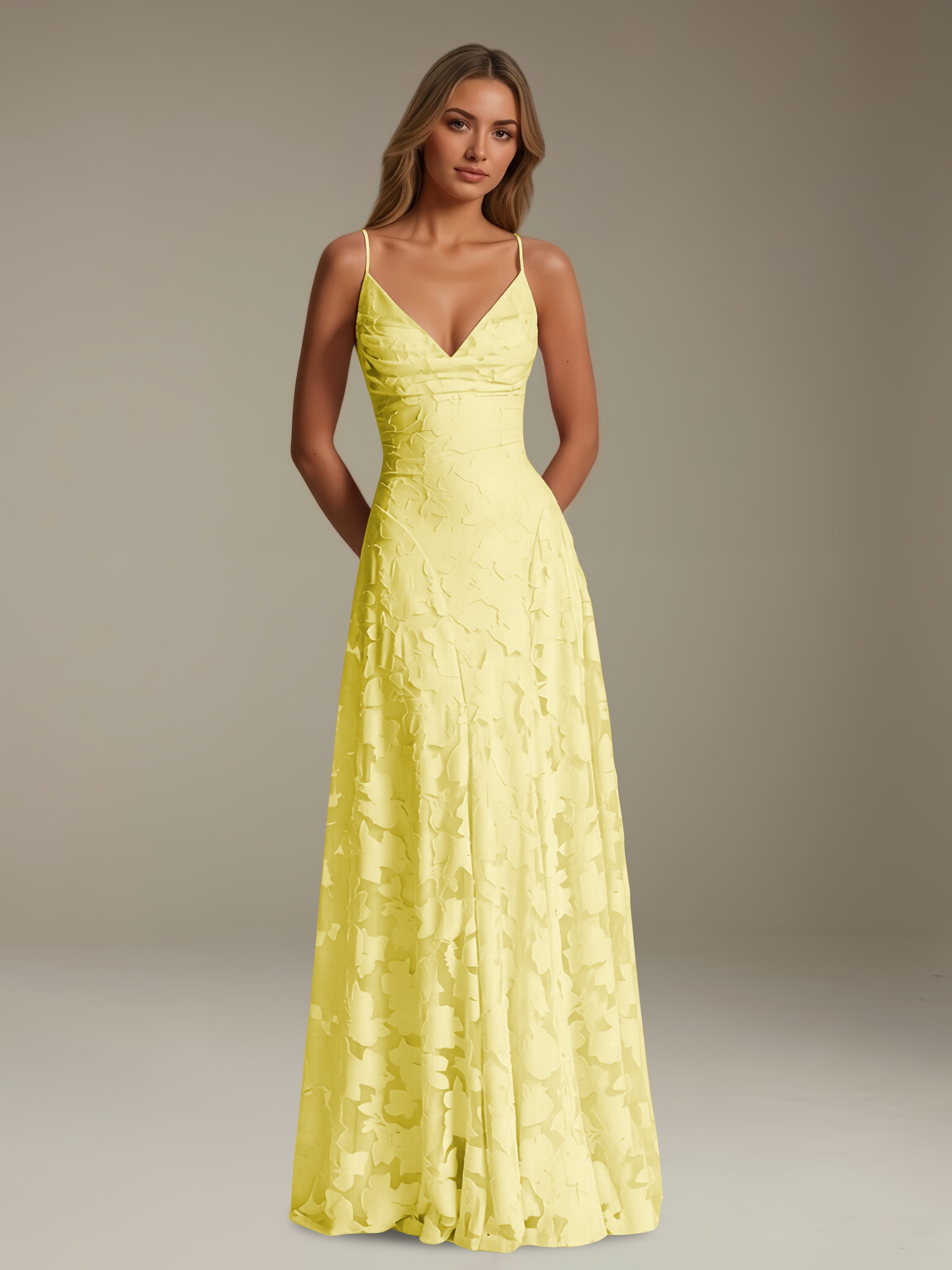 Women’s Floral Lace A-Line Maxi Dress | V-Neck Spaghetti Strap Occasion Gown