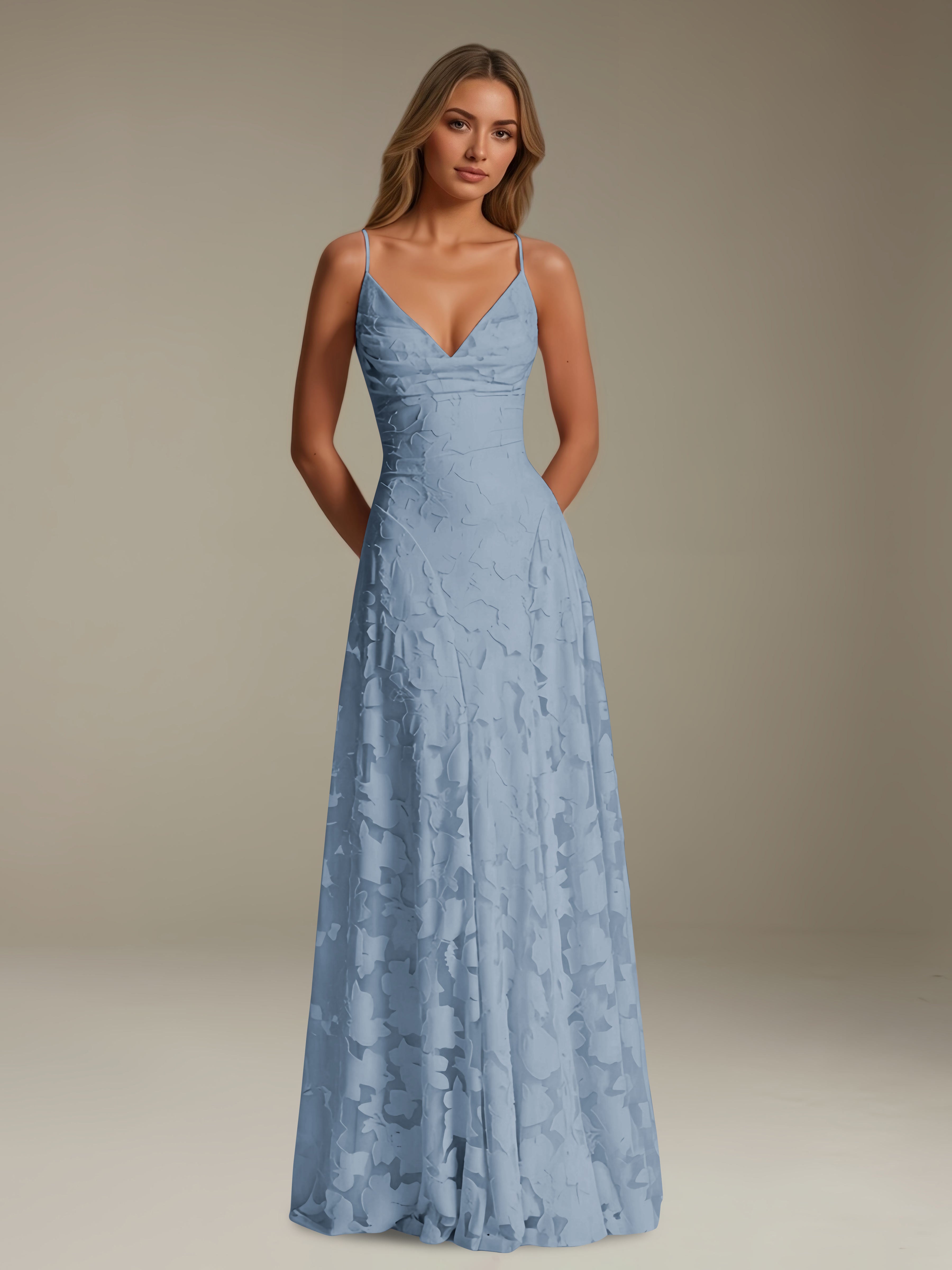 Women’s Floral Lace A-Line Maxi Dress | V-Neck Spaghetti Strap Occasion Gown