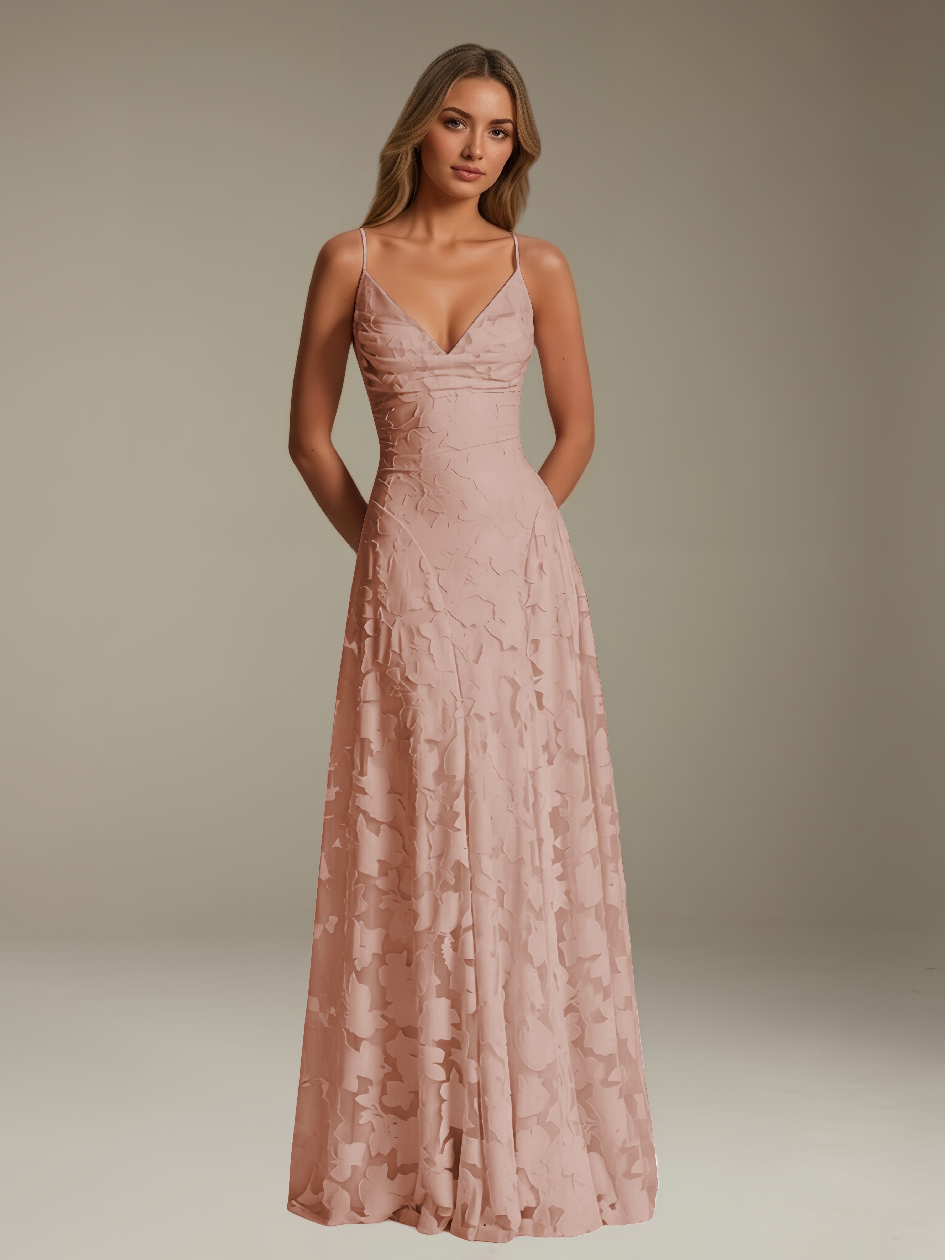 Women’s Floral Lace A-Line Maxi Dress | V-Neck Spaghetti Strap Occasion Gown