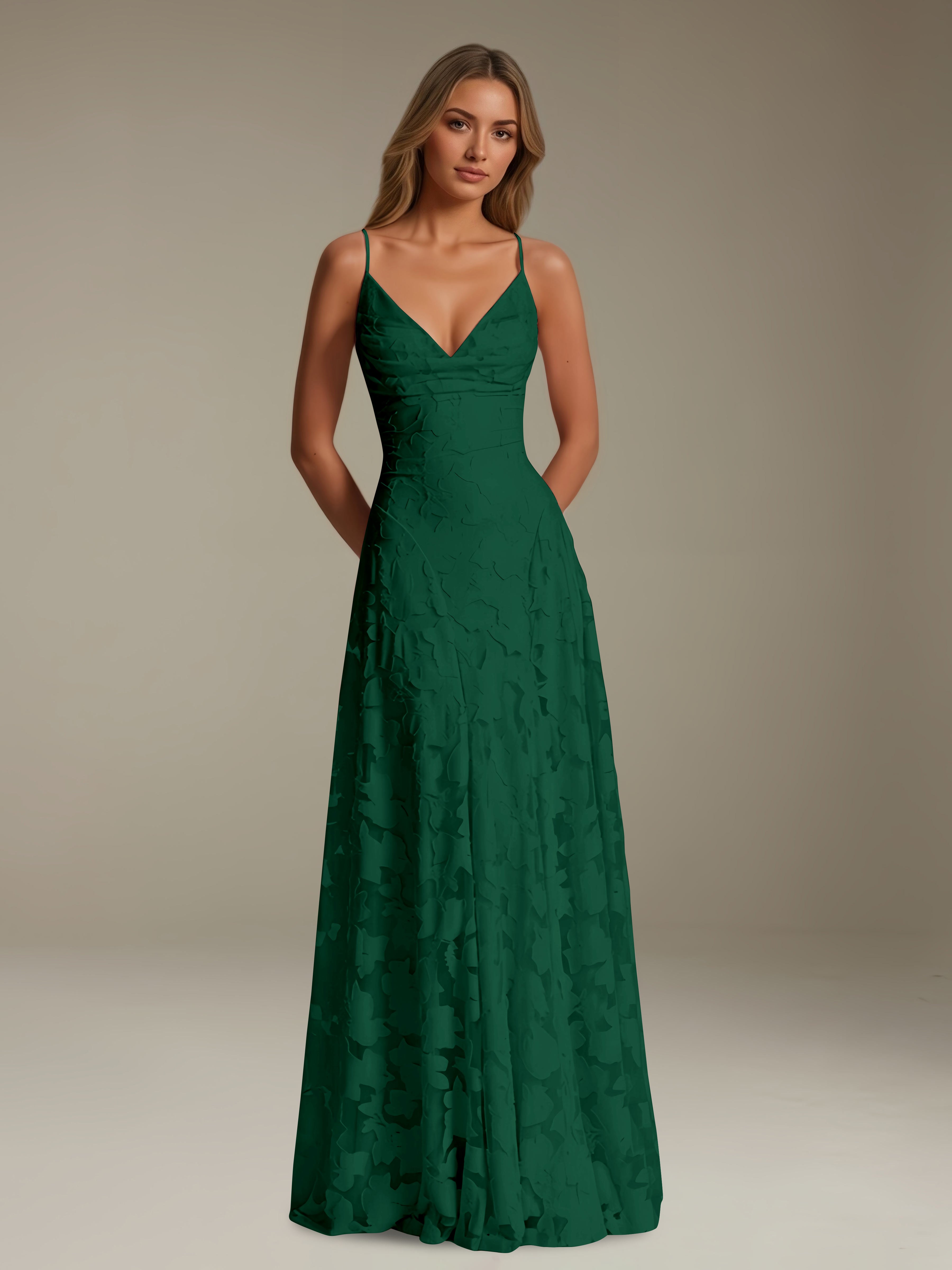 Women’s Floral Lace A-Line Maxi Dress | V-Neck Spaghetti Strap Occasion Gown