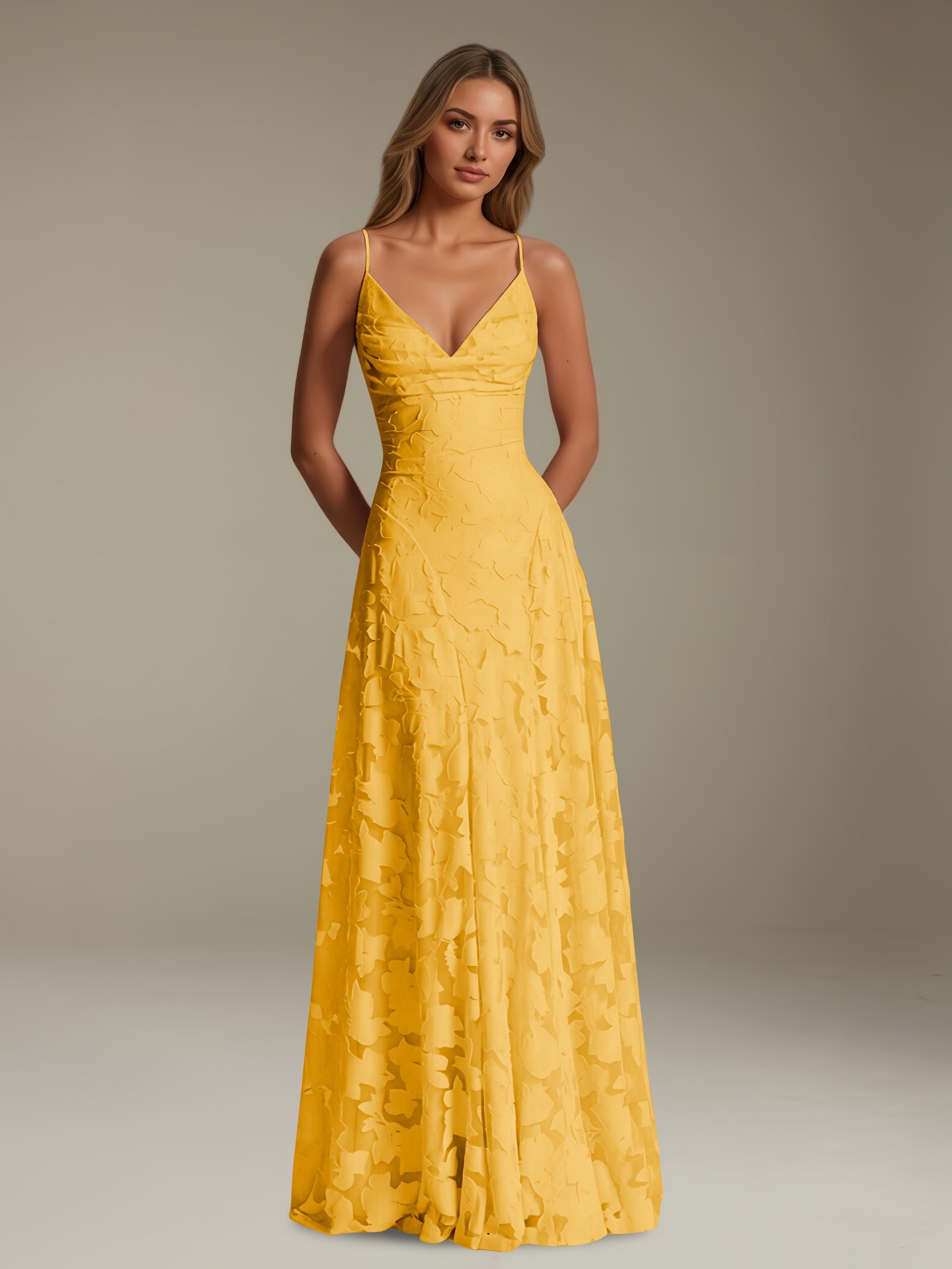 Women’s Floral Lace A-Line Maxi Dress | V-Neck Spaghetti Strap Occasion Gown