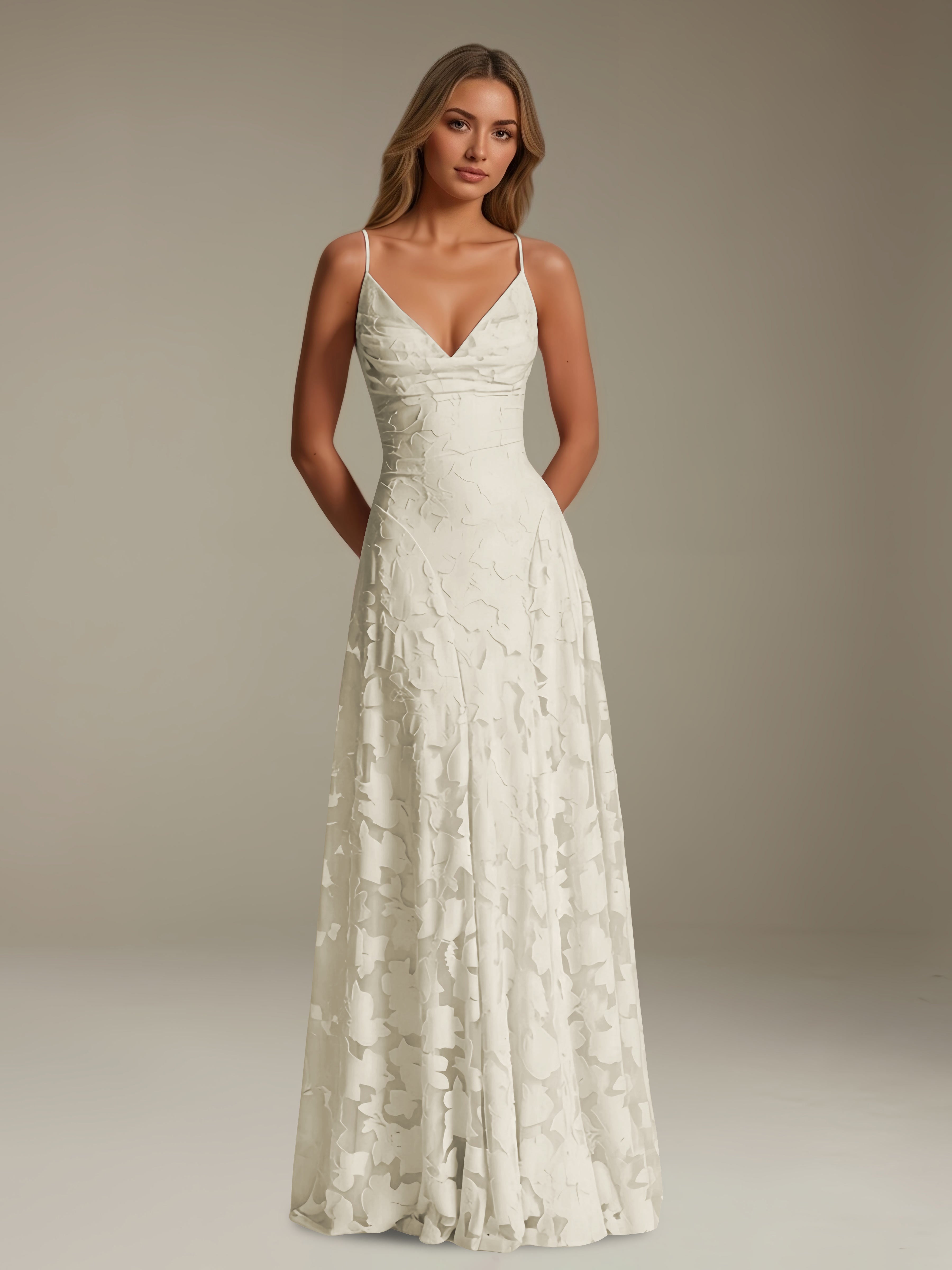 Women’s Floral Lace A-Line Maxi Dress | V-Neck Spaghetti Strap Occasion Gown