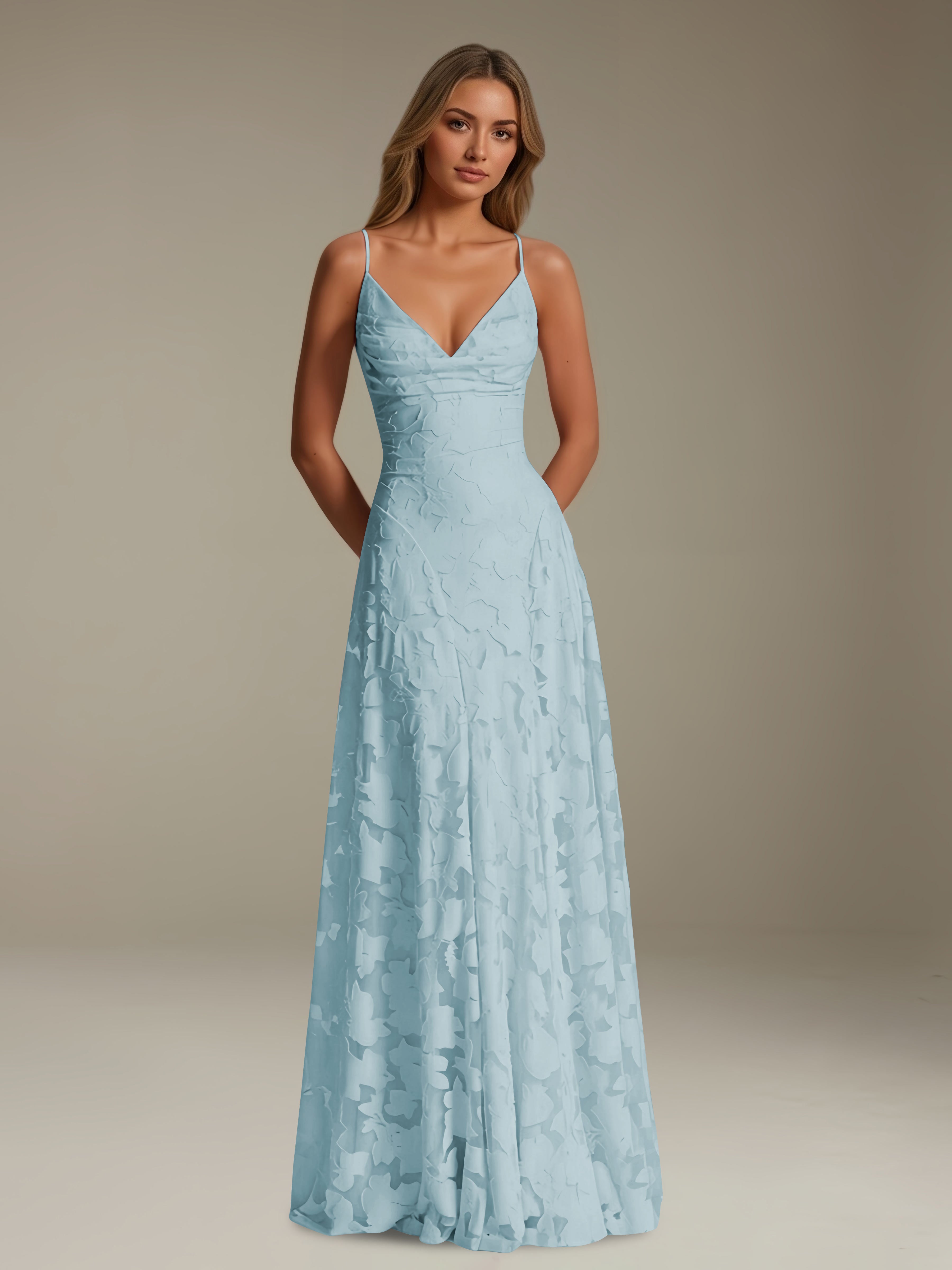 Women’s Floral Lace A-Line Maxi Dress | V-Neck Spaghetti Strap Occasion Gown