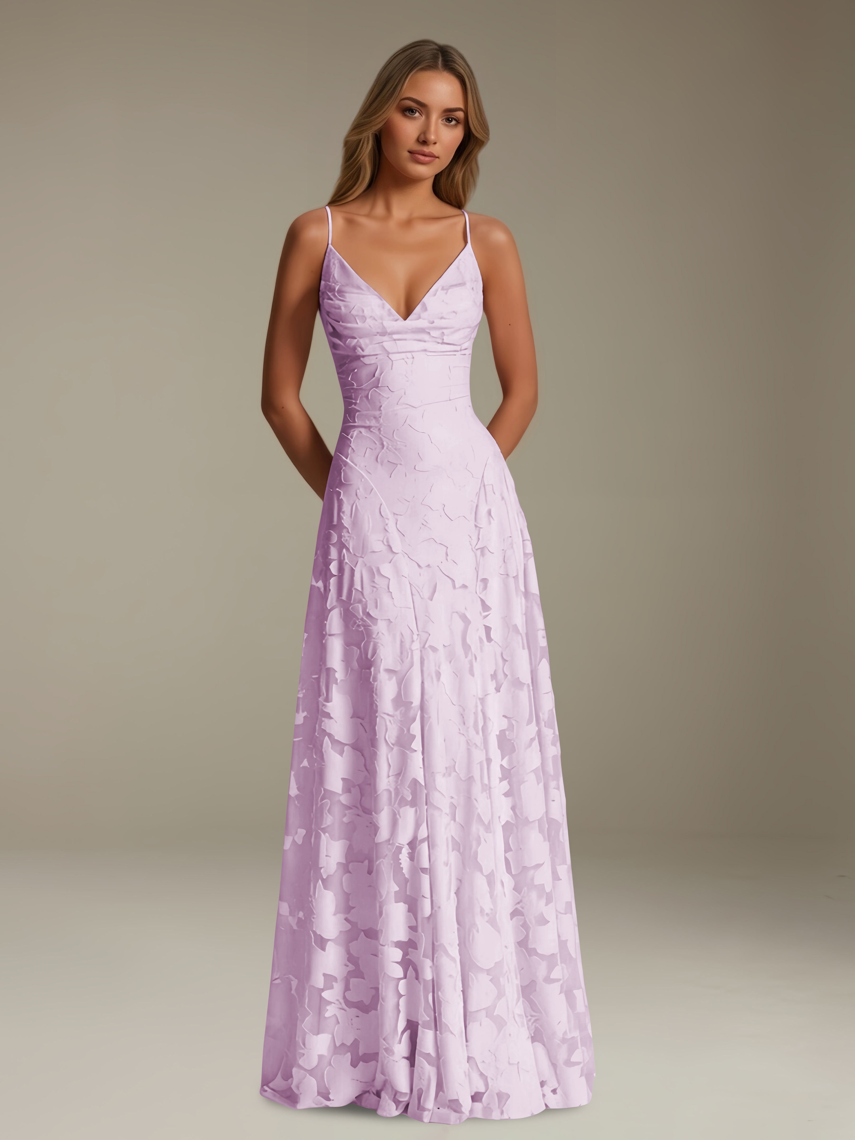 Women’s Floral Lace A-Line Maxi Dress | V-Neck Spaghetti Strap Occasion Gown