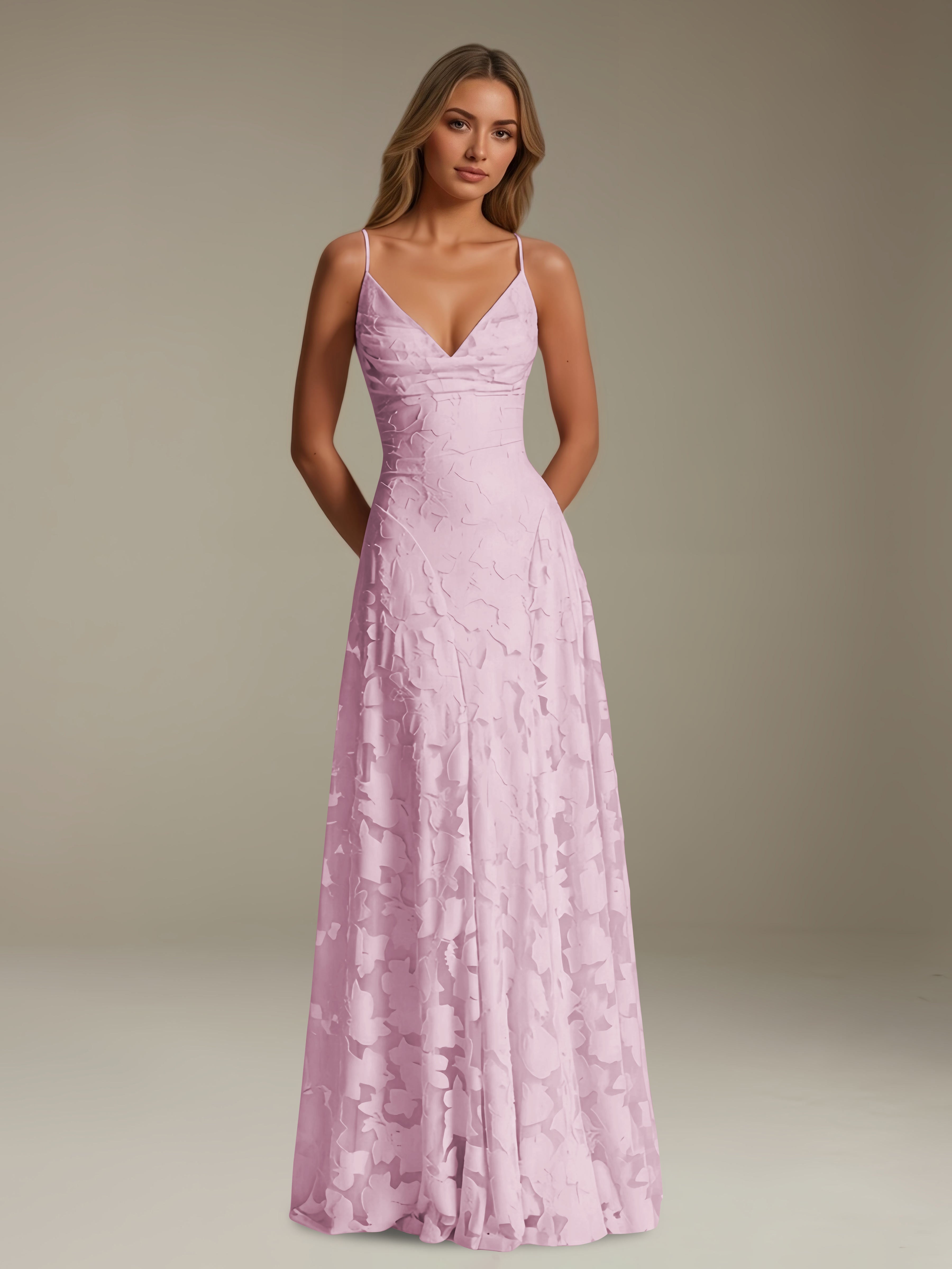 Women’s Floral Lace A-Line Maxi Dress | V-Neck Spaghetti Strap Occasion Gown