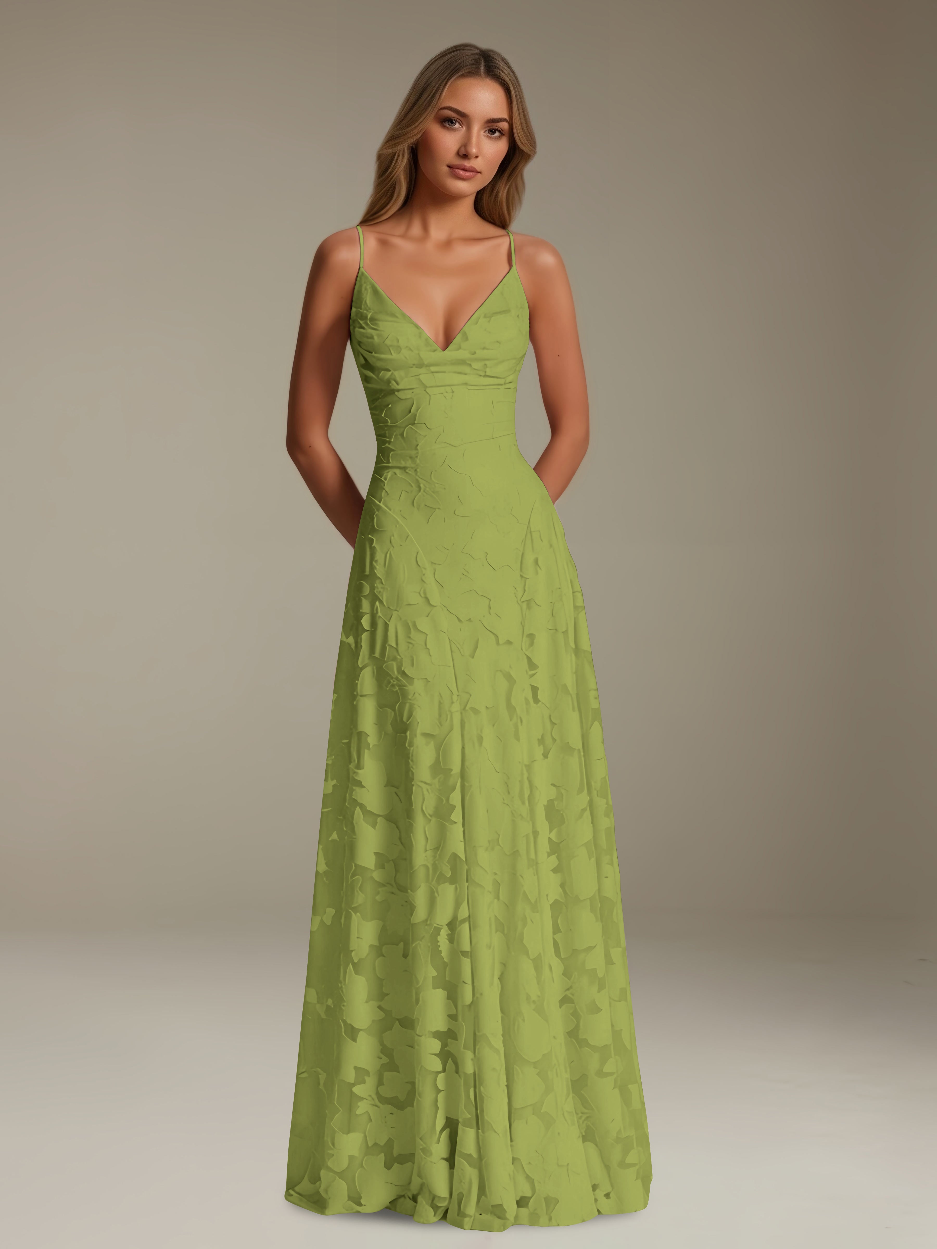 Women’s Floral Lace A-Line Maxi Dress | V-Neck Spaghetti Strap Occasion Gown