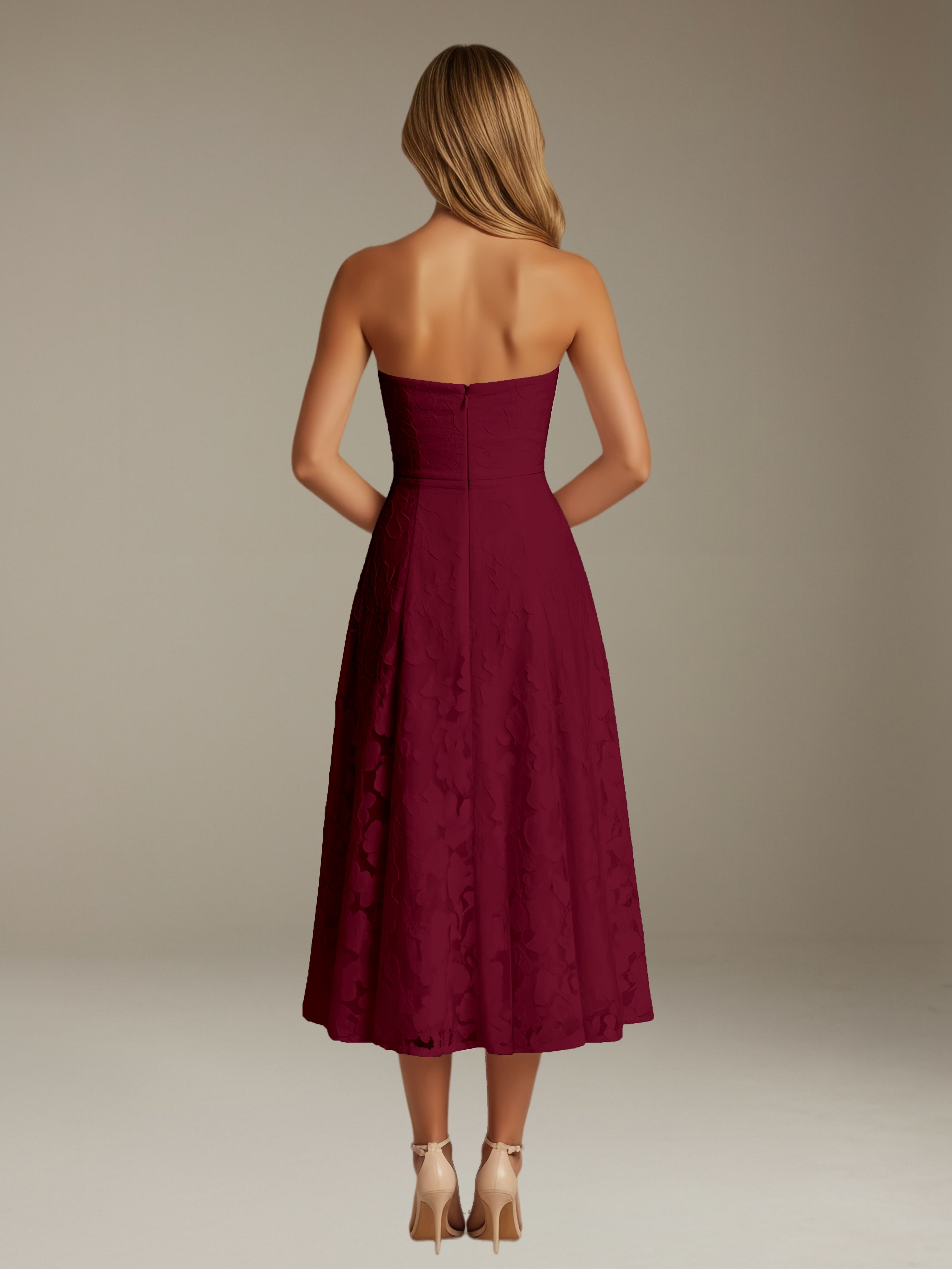 Women’s Floral Lace Tea-Length Dress | Strapless A-Line Occasion Dress