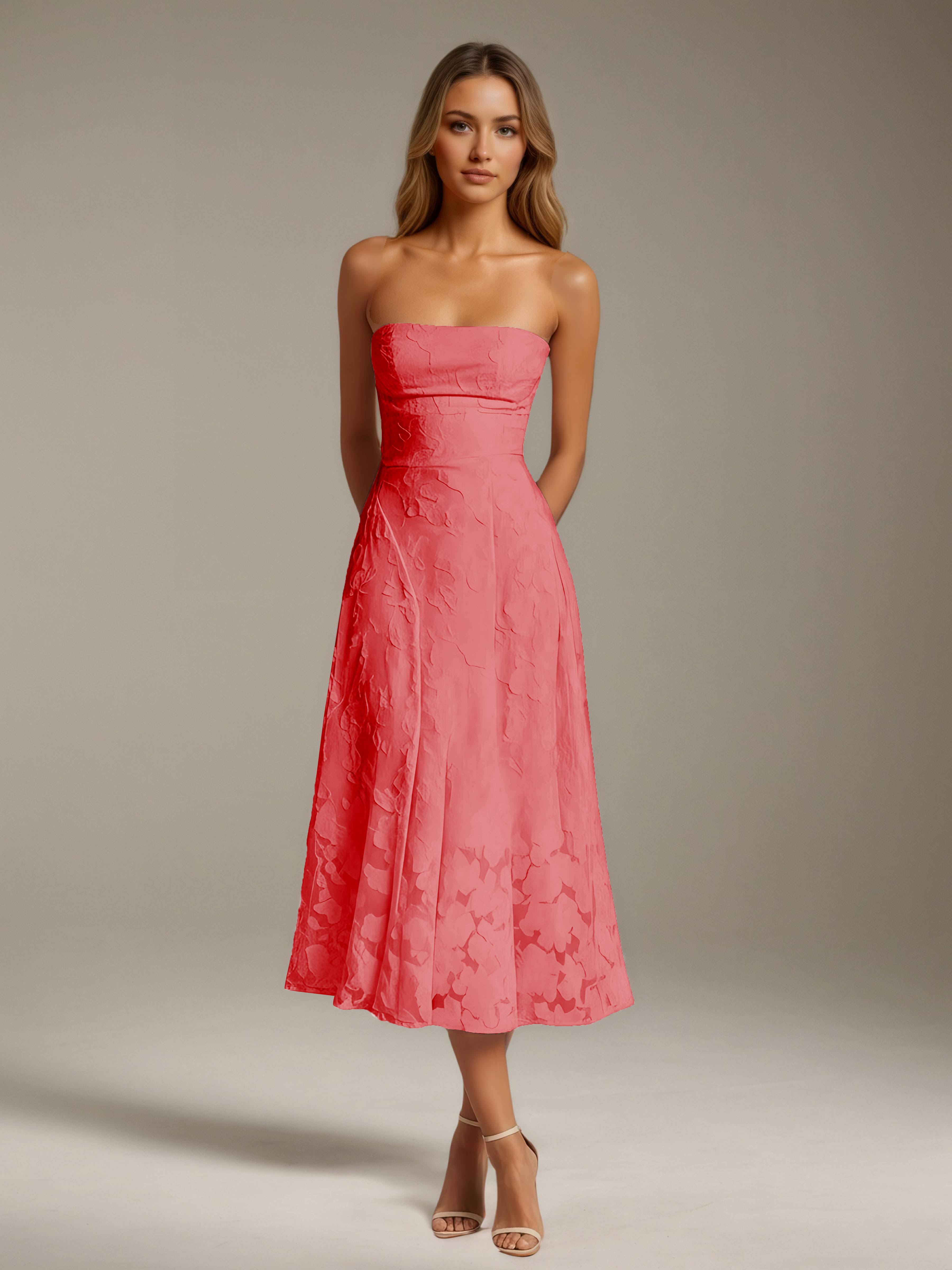 Women’s Floral Lace Tea-Length Dress | Strapless A-Line Occasion Dress