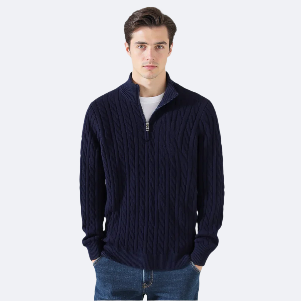 Men's cable knit quarter-zip sweaters in five colours
