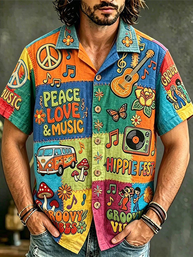 Men's short-sleeve patchwork shirt with peace, love and music illustrations