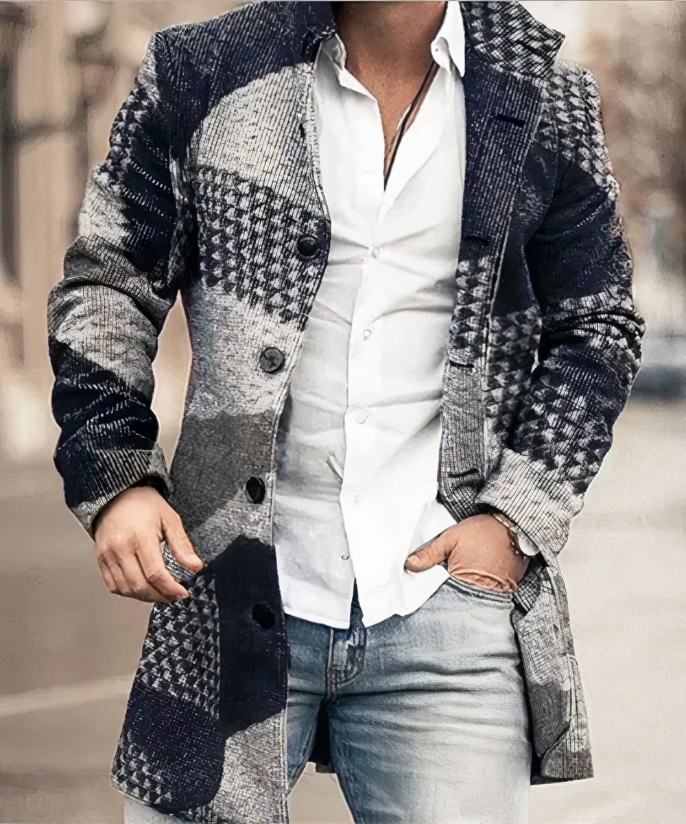 Men's longline trench coat with stand collar, button front and textured panel detailing
