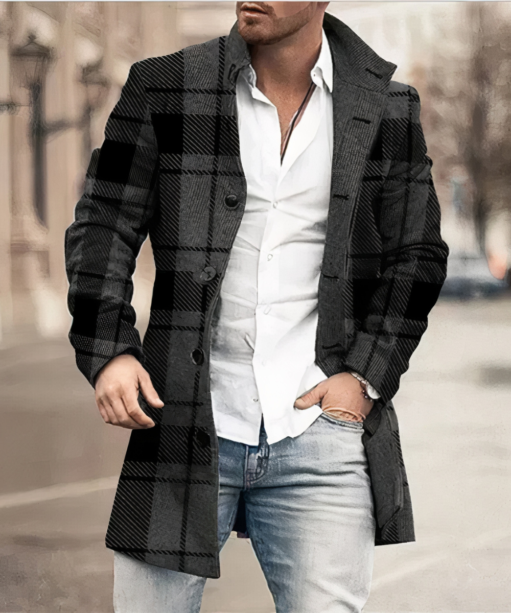 Men's longline trench coat with stand collar, button front and textured panel detailing