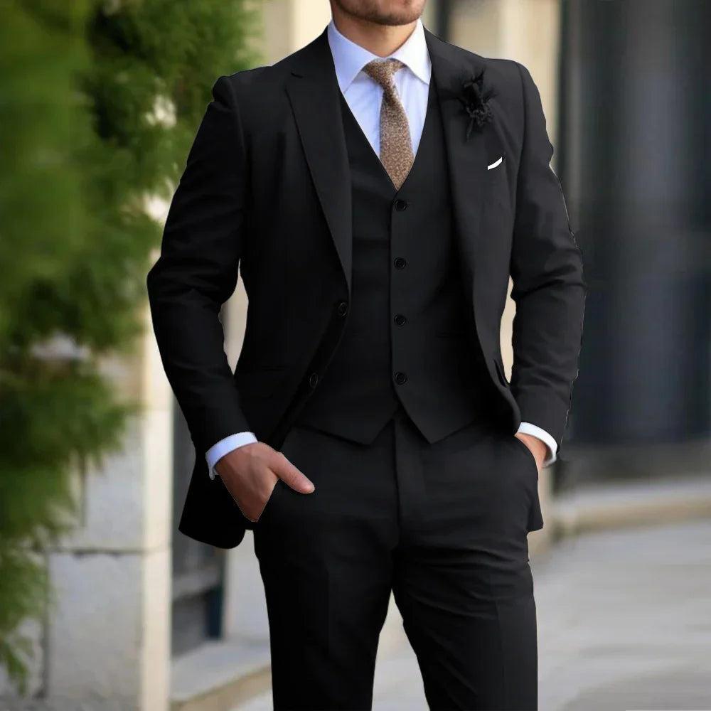 Men's three-piece suit with notched-lapel jacket, waistcoat and trousers