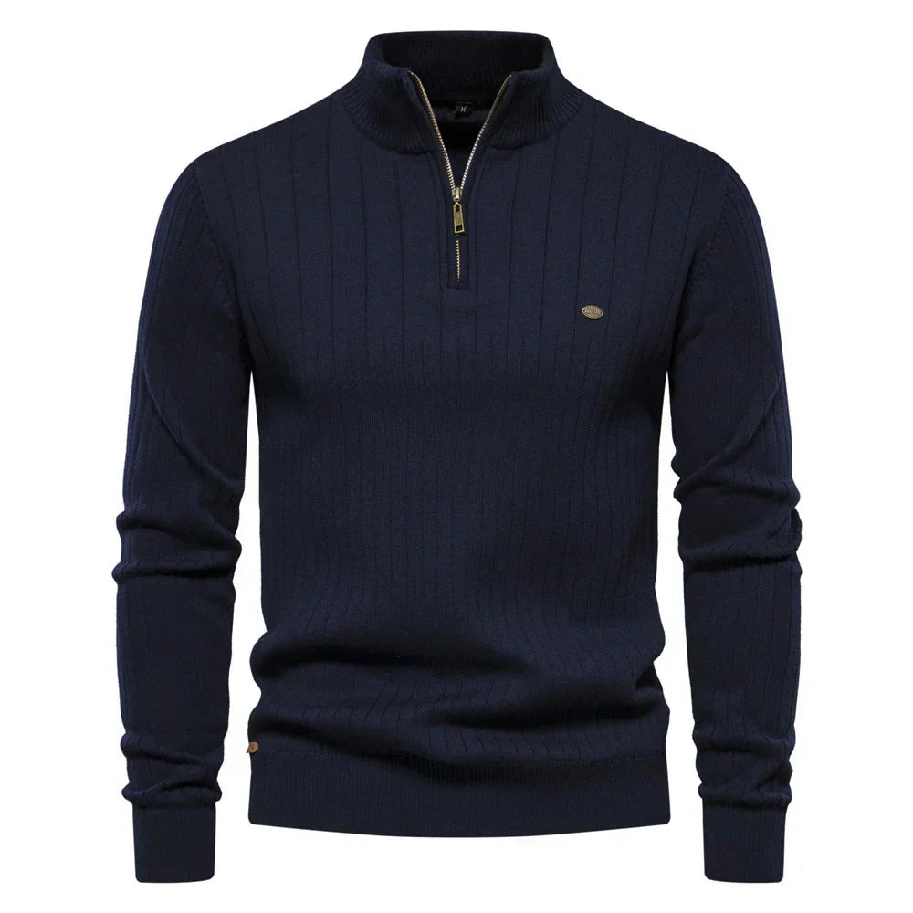 Men's Quarter-Zip Sweater Ribbed Knit Stand Collar - Blue