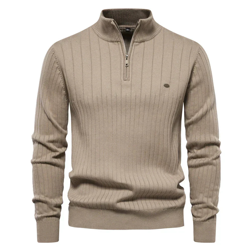 Men's Quarter-Zip Sweater Ribbed Knit Stand Collar - Beige