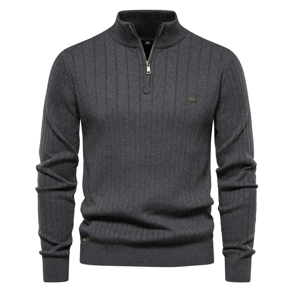 Men's Quarter-Zip Sweater Ribbed Knit Stand Collar - Grey