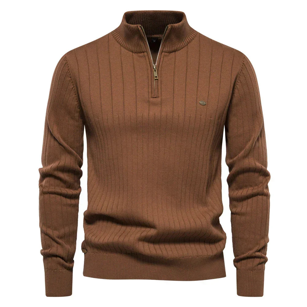 Men's Quarter-Zip Sweater Ribbed Knit Stand Collar - Brown