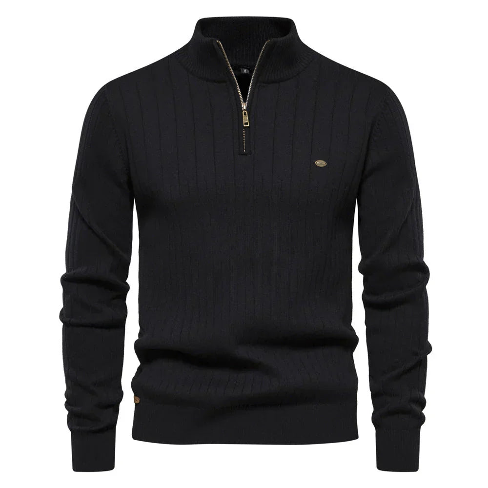 Men's Quarter-Zip Sweater Ribbed Knit Stand Collar