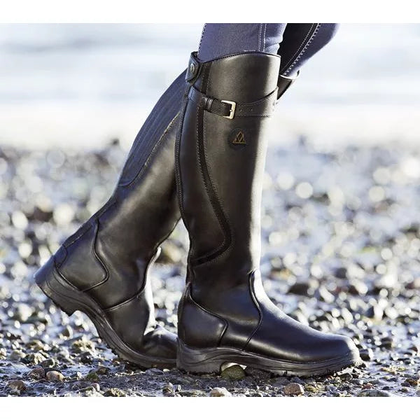 Women's Leather Riding Boot Knee-High Buckle - Black