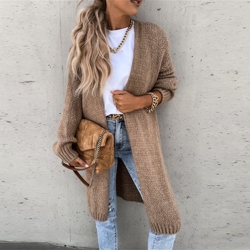 Women's longline knitted cardigan with open front and long sleeves