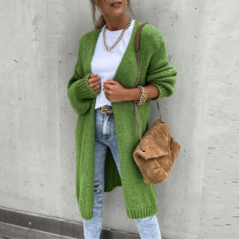 Women's longline knitted cardigan with open front and long sleeves