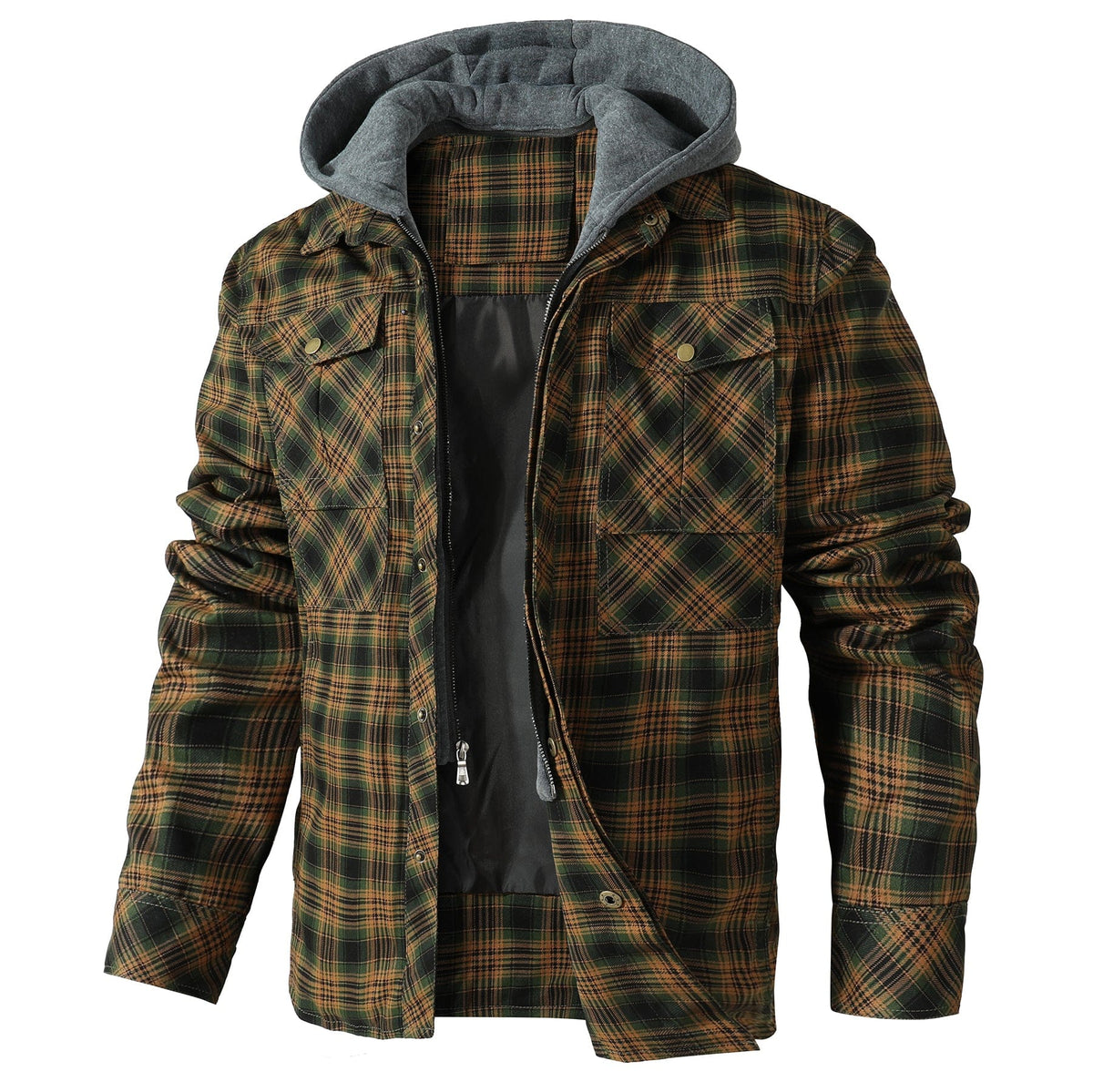Men's checked hooded jacket with long sleeves, front zip and flap pockets