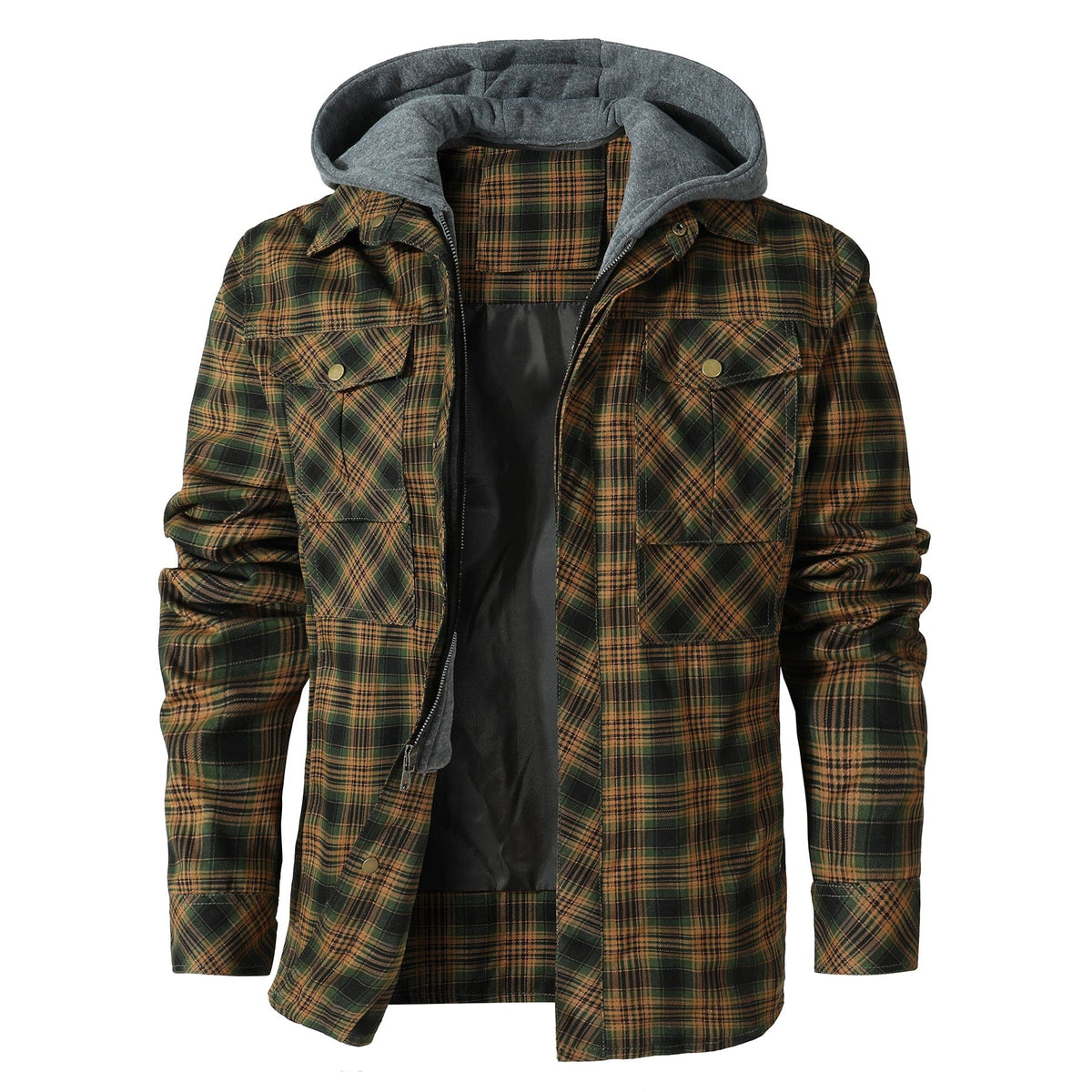 Men's checked hooded jacket with long sleeves, front zip and flap pockets