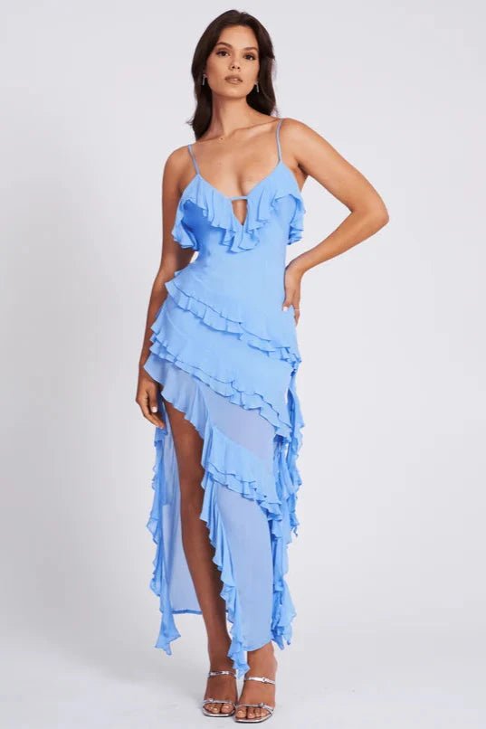 Women's Asymmetrical Ruffle Midi Dress Spaghetti Strap Bodycon Fit | Blue