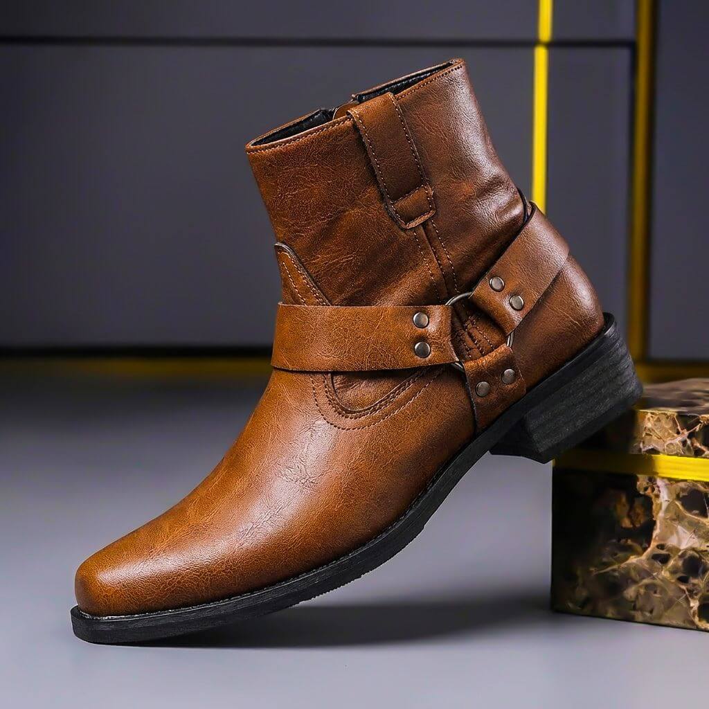 Men's ankle boots with wraparound straps, metal studs and low block heels
