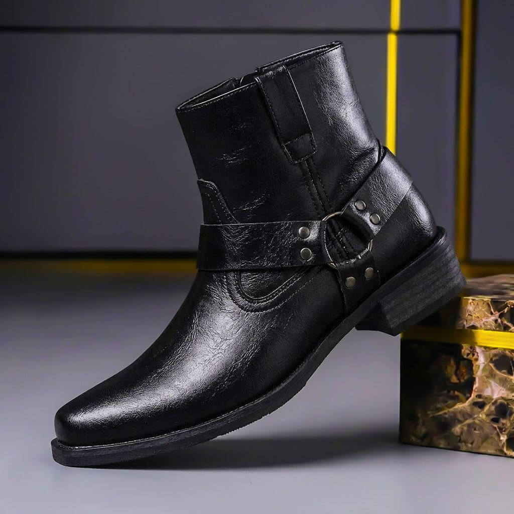 Men's ankle boots with wraparound straps, metal studs and low block heels