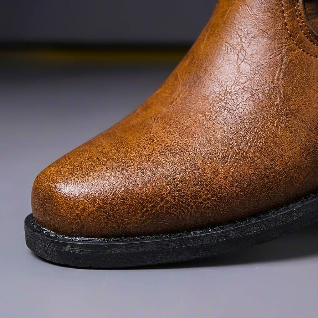Men's ankle boots with wraparound straps, metal studs and low block heels