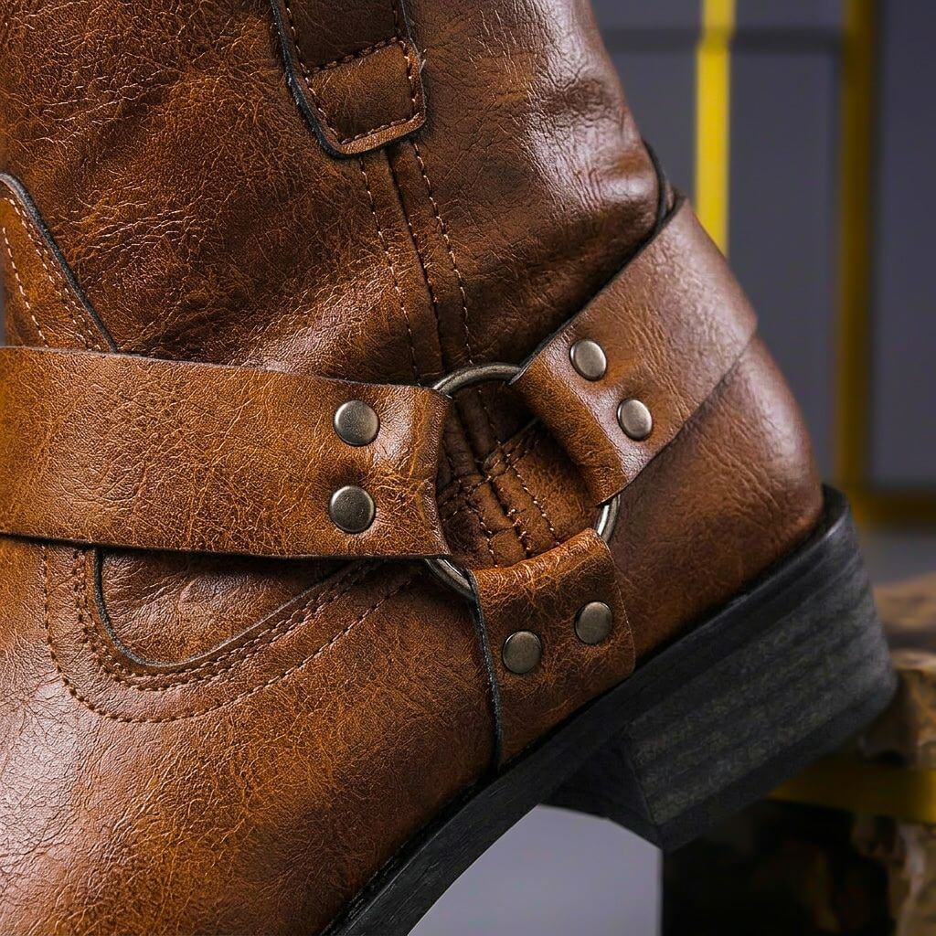 Men's ankle boots with wraparound straps, metal studs and low block heels