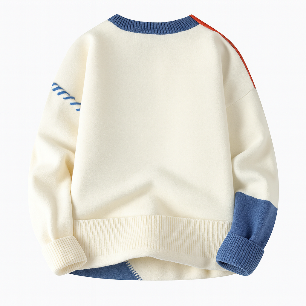 Unisex patchwork cable knit sweater with contrasting panels and ribbed trims